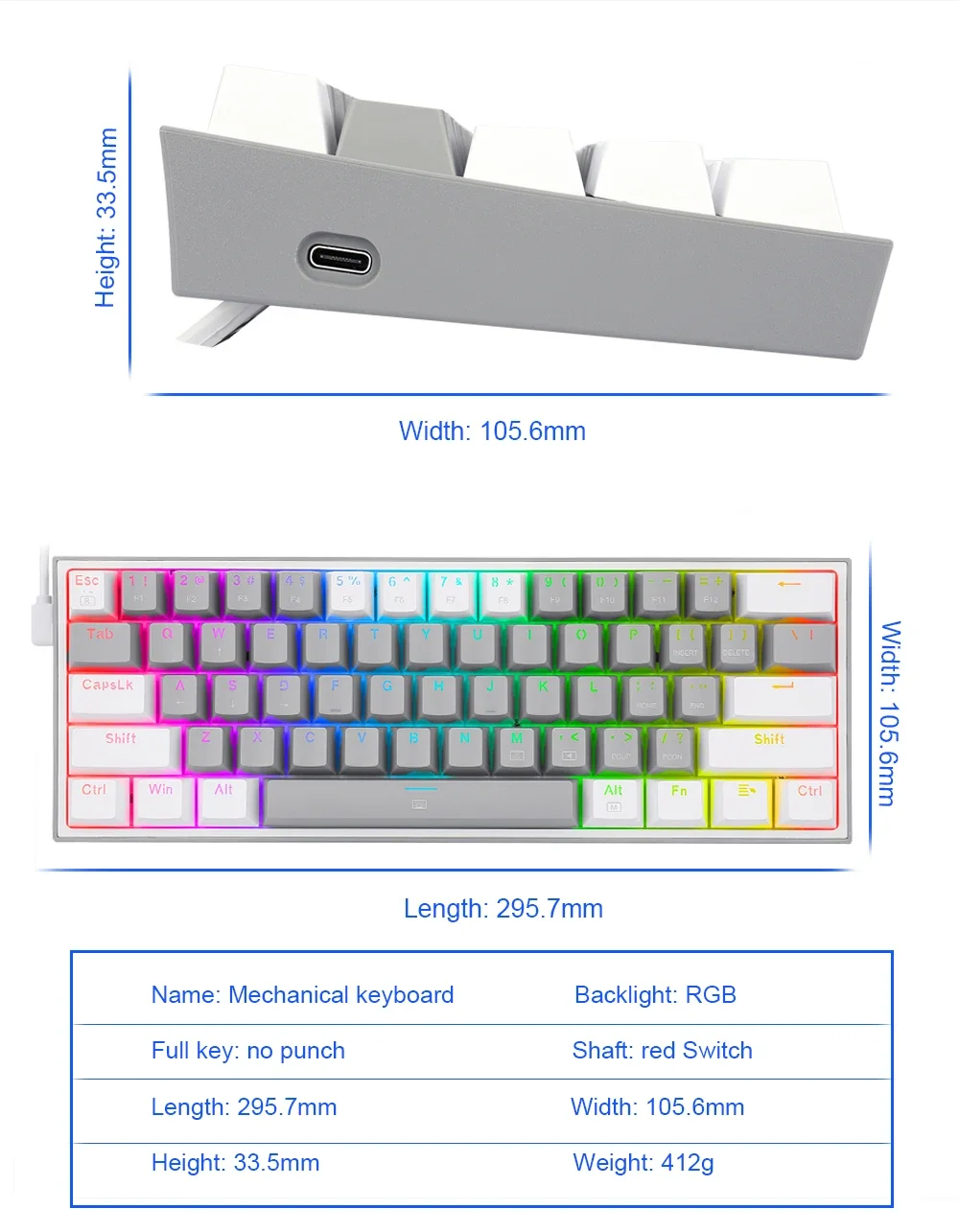 Redragon K617 Fizz RGB 60% Mechanical Gaming Keyboard, 61 Keys, Red Switches, Black - Thumbnail 19