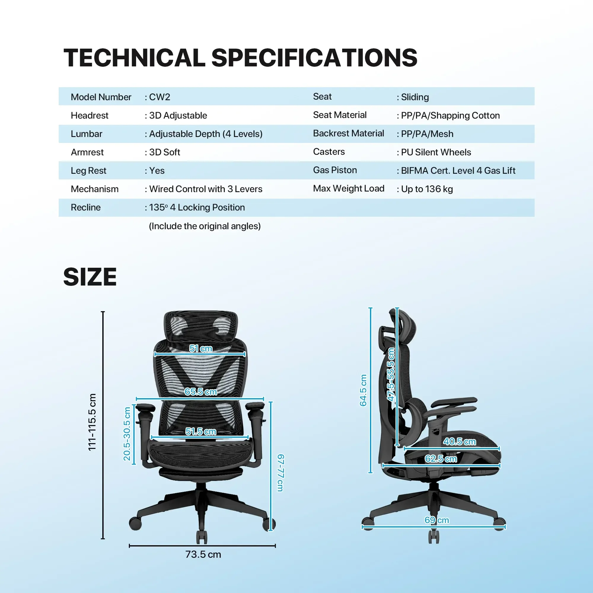 كرسي مكتب مريح - إمالة حتى 135° مع 4 وضعيات قفل للعمل والراحة والاسترخاء - أسود - نوع Fantech Workstation CW2 Denver  - Thumbnail 11