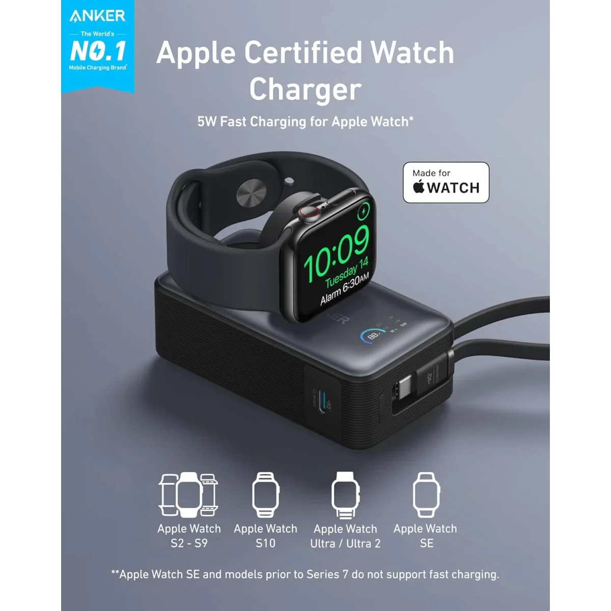 Anker MagGo Power Bank for Apple Watch 10000mAh with Built-in USB-C Cable 35W Black - Thumbnail 3