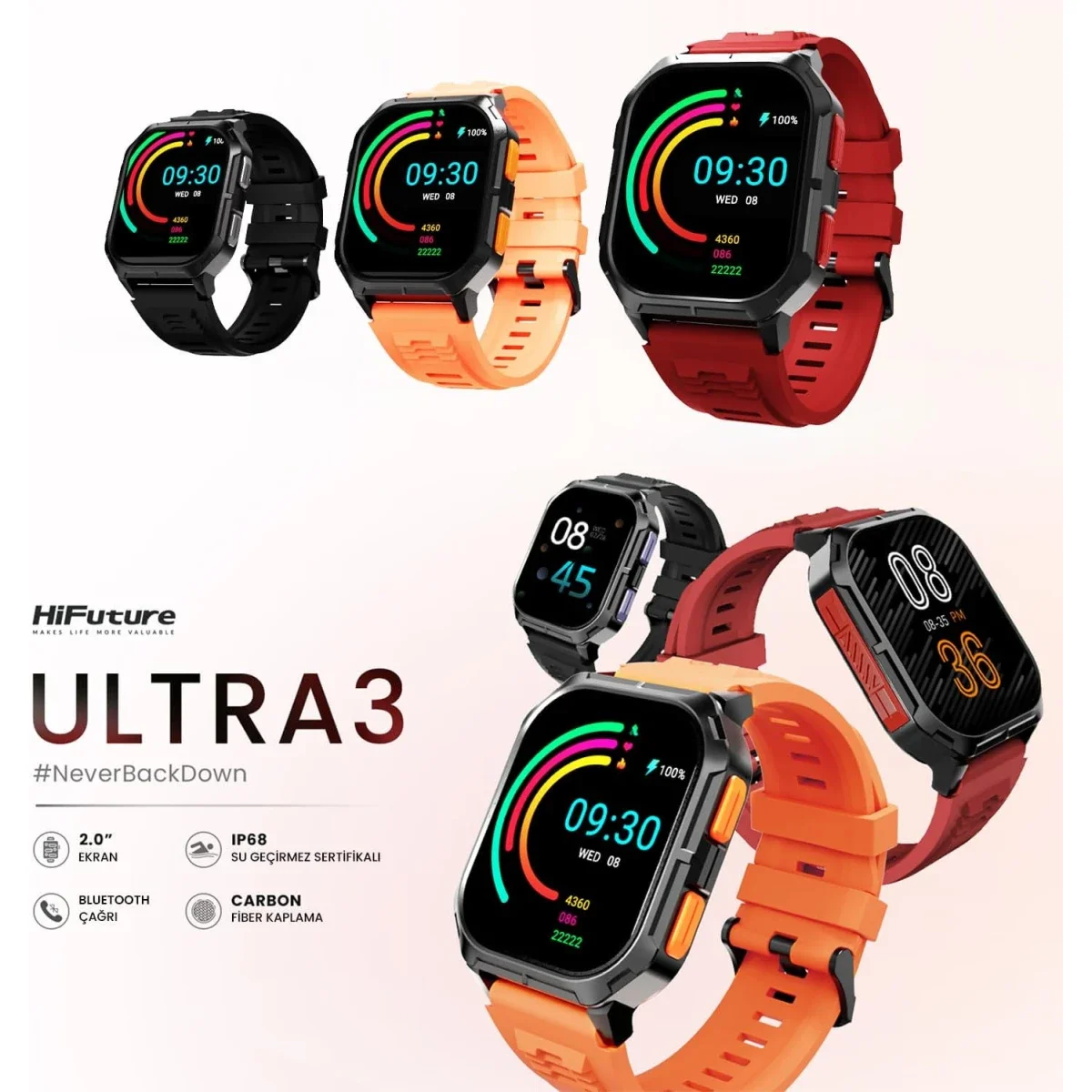ساعة ذكية HiFuture Ultra 3 للمكالمات عبر Bluetooth بشاشة IPS مقاس 2.0 إنش، IP68، برتقالي - Thumbnail 5
