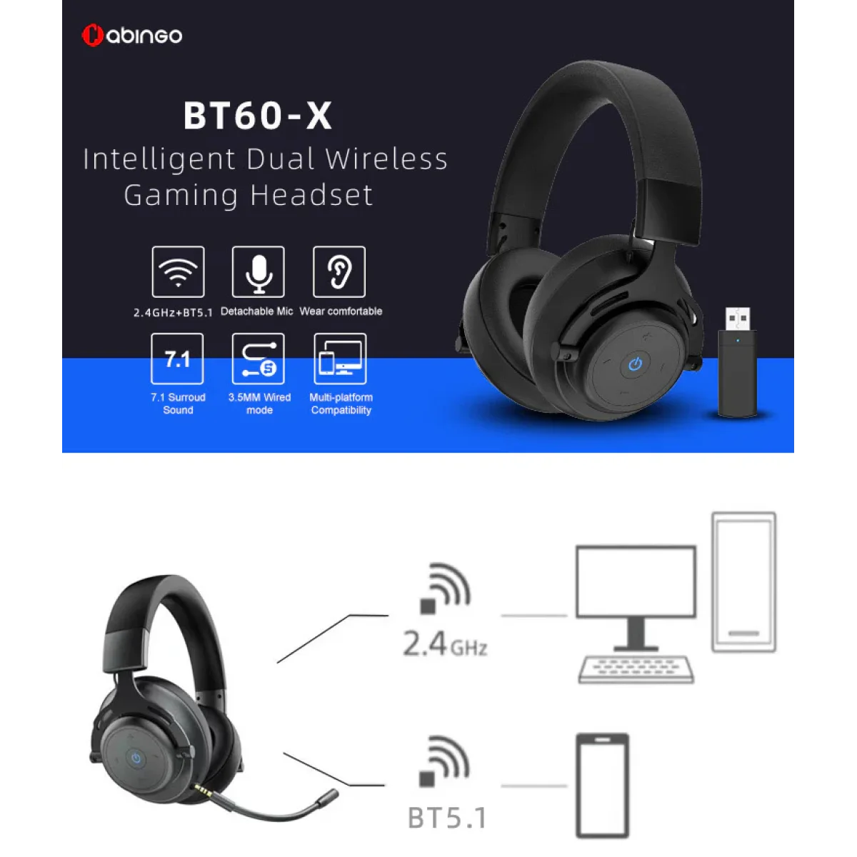 سماعة ألعاب Abingo BT60-X لاسلكية 2.4G مع مايك وصوت محيطي 7.1