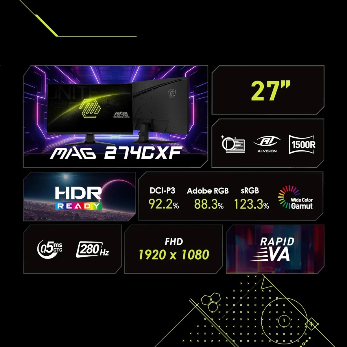 MSI MAG 274CXF 27-inch Curved Gaming Monitor, FHD, 280Hz, 0.5ms, VA - Thumbnail 2