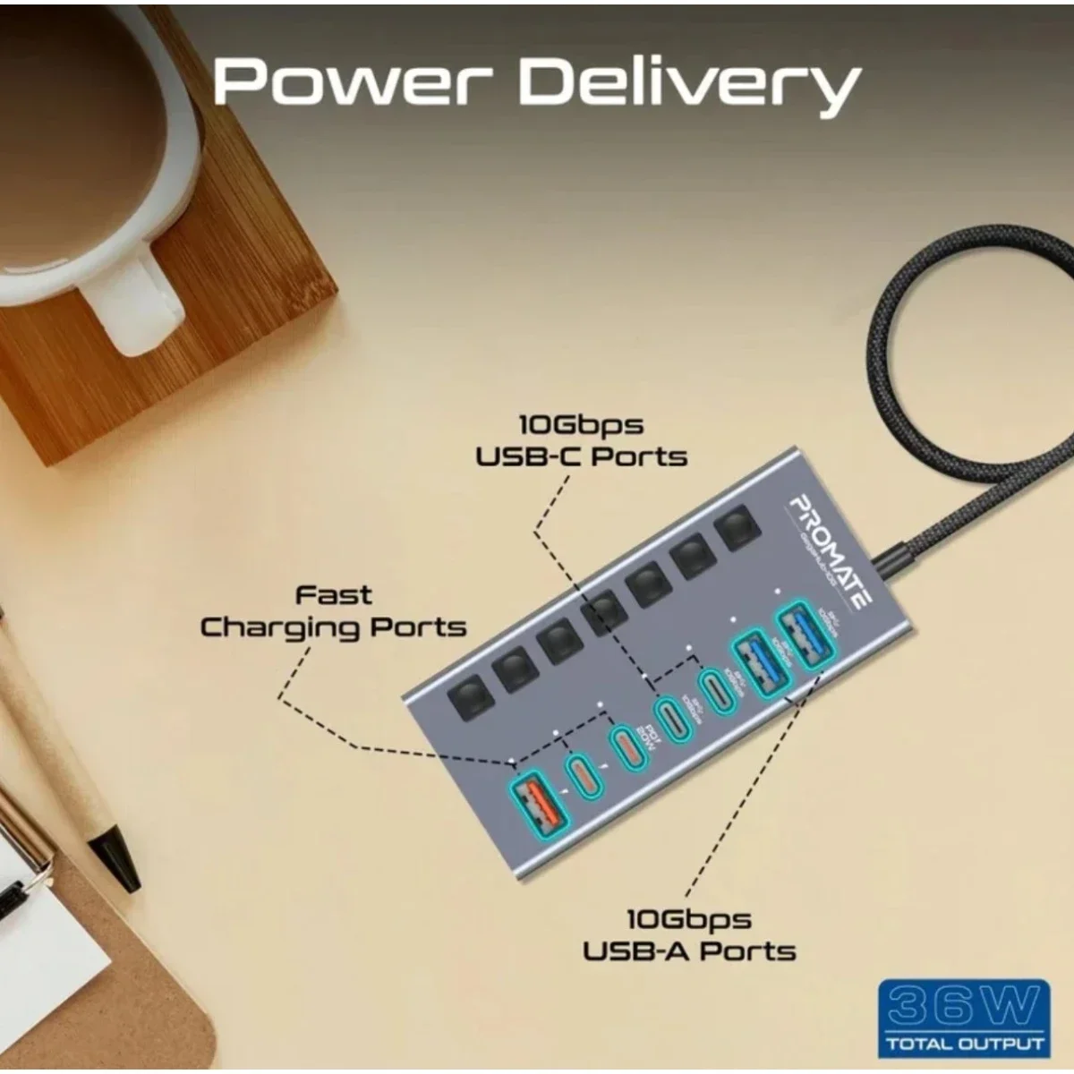 موزع منافذ USB-C متعدد 7 في 1 Promate GegaHub-10G بسرعة نقل 10Gbps و20W PD - Thumbnail 4