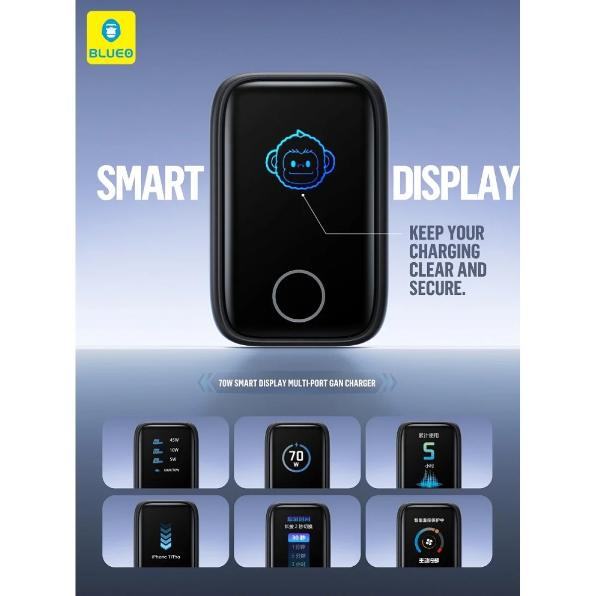 BLUEO Mr. Gorilla LC013 70W GaN 3-Port Smart Display Fast Charger EU Plug - Black - Image 5