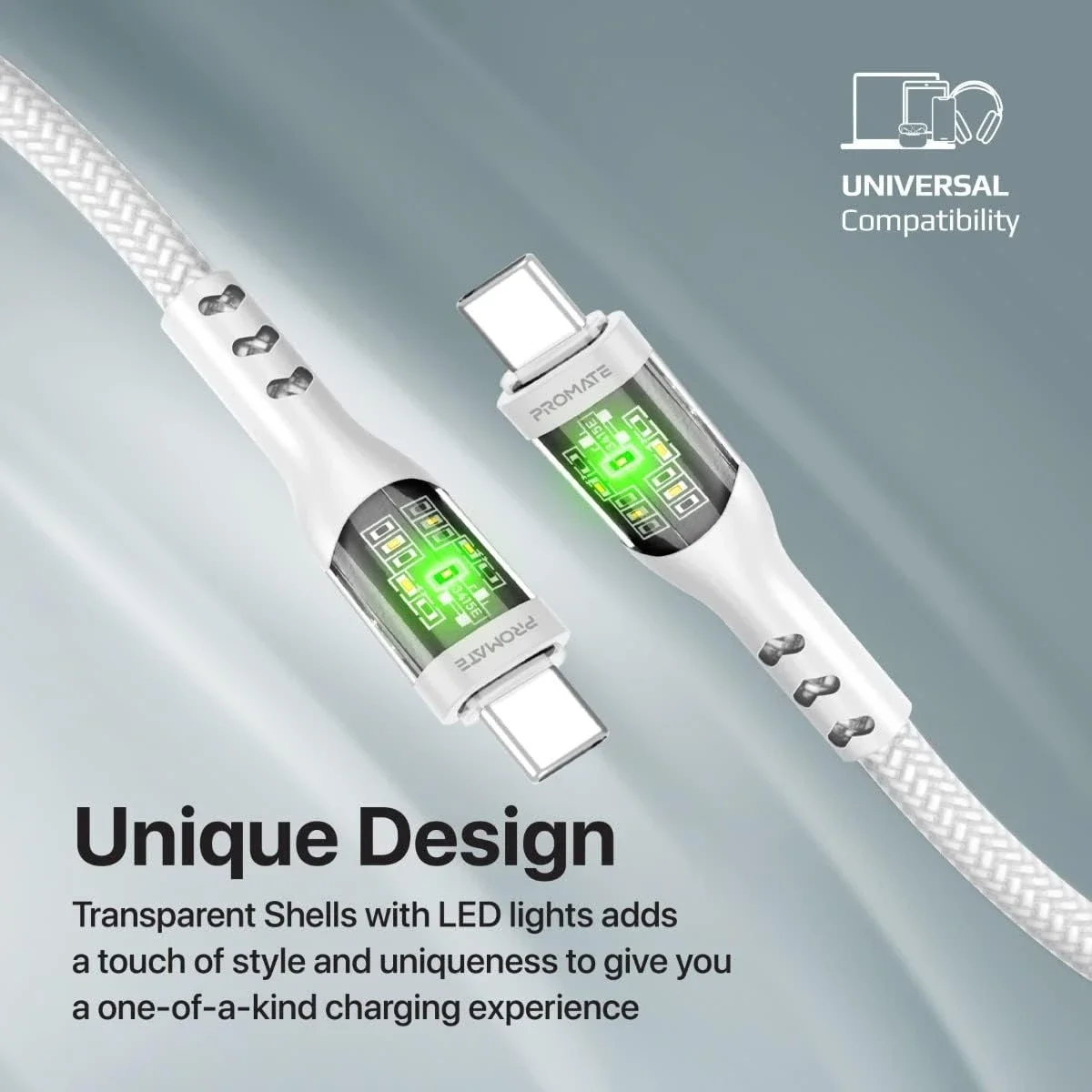 كابل Promate TransLine-CC USB-C إلى USB-C بقدرة 60 واط وطول 120 سم مضفر بالنايلون - أبيض - Thumbnail 3
