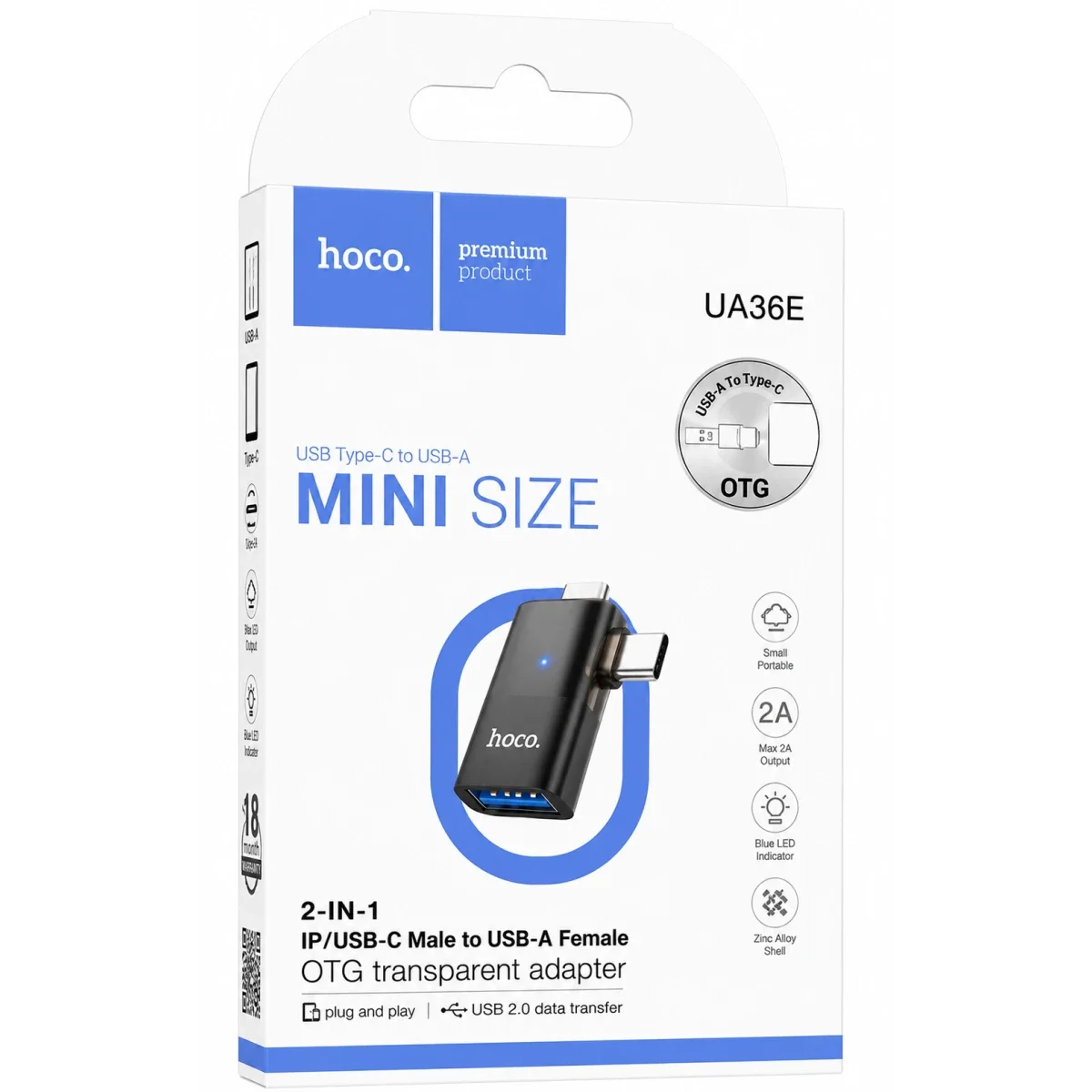 محول HOCO UA36E OTG 2 في 1 من Type-C/iP إلى USB-A بسرعة 480Mbps أسود