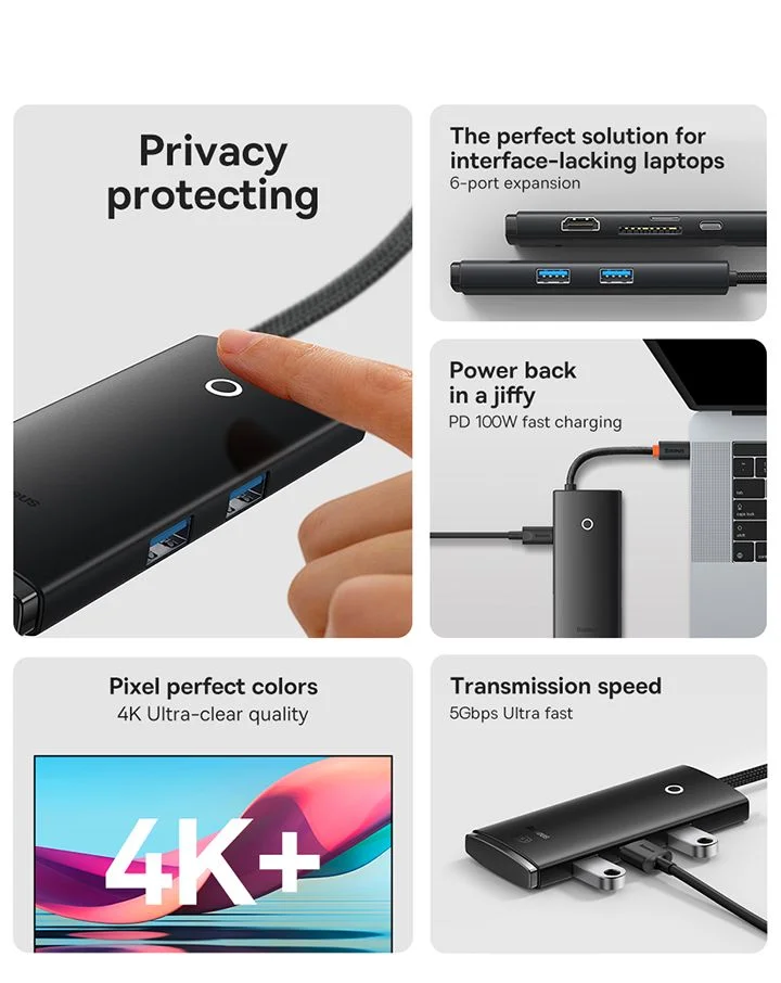 محطة إرساء وموزع Type-C Baseus Lite Series 6 منافذ HDMI وUSB 3.0 وPD وSD/TF باللون الأسود - Image 12