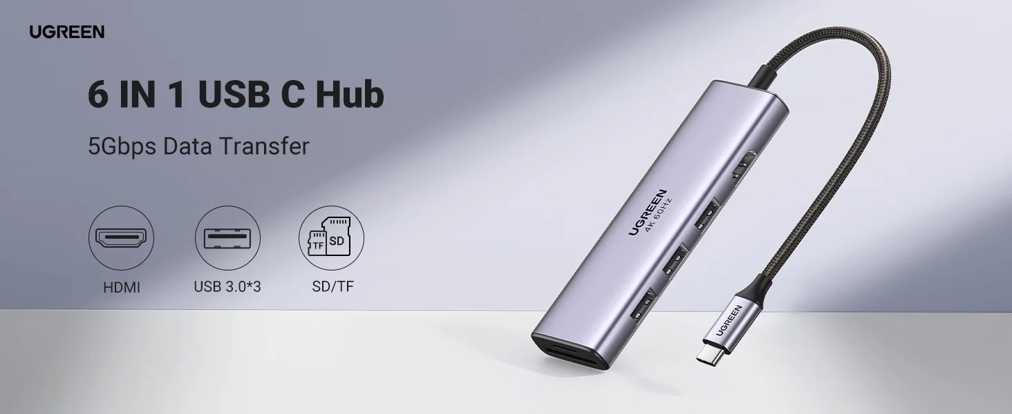 محول Ugreen USB-C ‏6 في 1 مع HDMI بدقة 4K@60Hz - Thumbnail 7