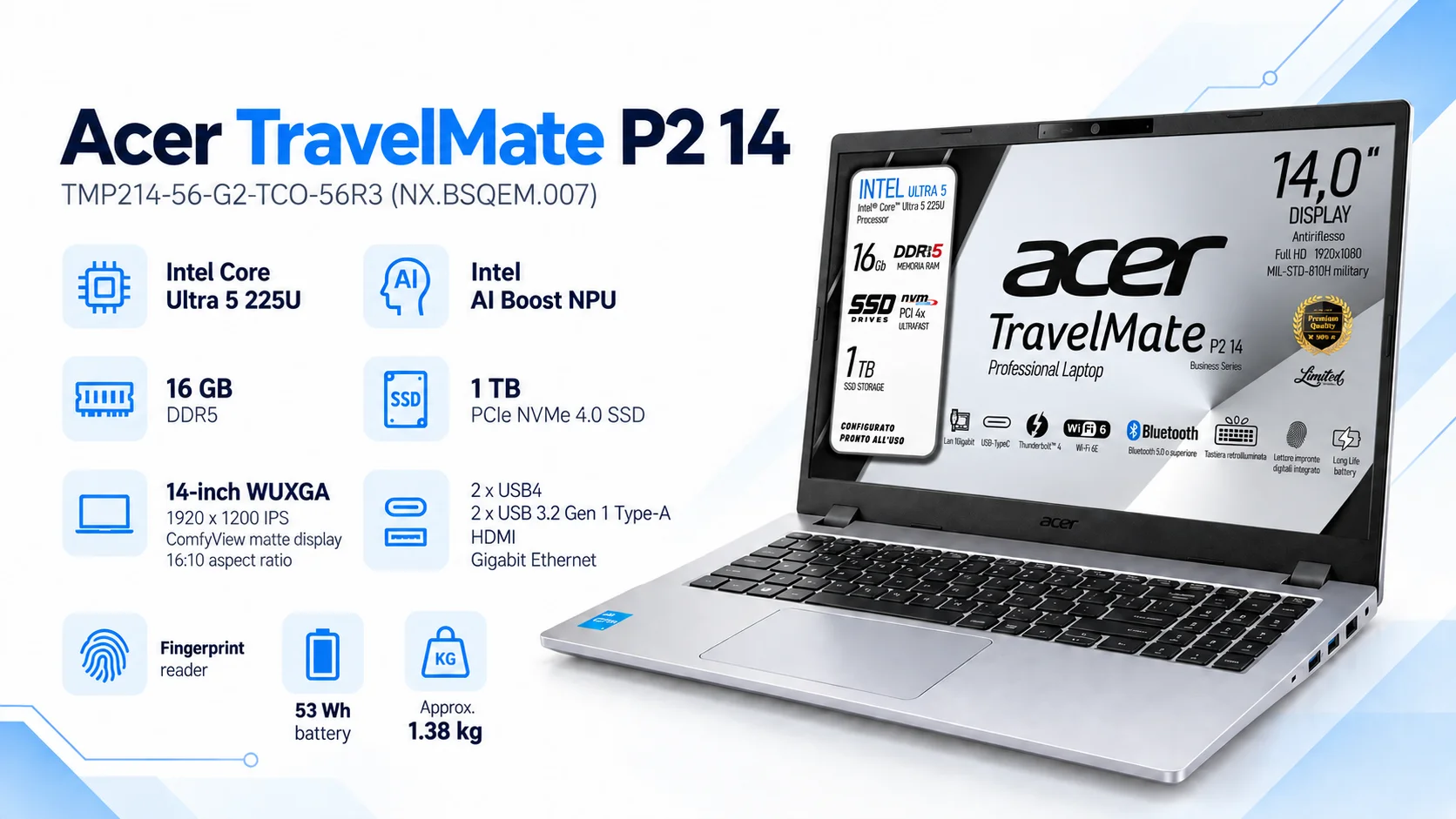 لابتوب أعمال Acer TravelMate P2 14 (2025) بمعالج Intel Core Ultra 5 225U و12 نواة، رام 16GB وSSD بسعة 1TB، فضي – TMP214-56-G2-TCO-56R3 - Thumbnail 9