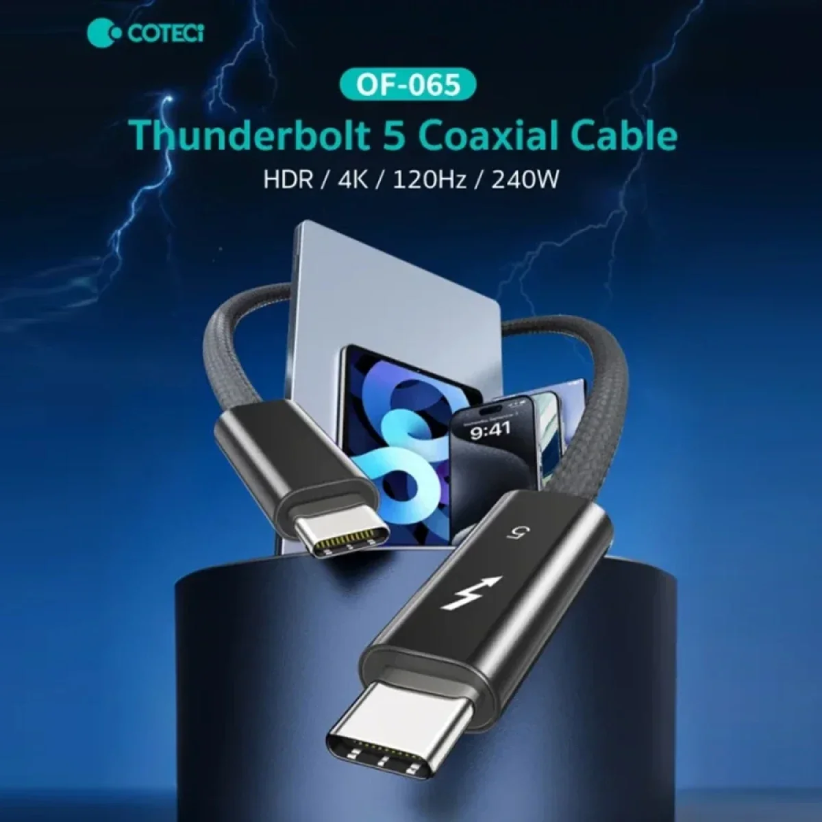 Coteci OF-065 Thunderbolt 5 USB-C to USB-C Coaxial Cable 240W 80Gbps 4K 120Hz HDR