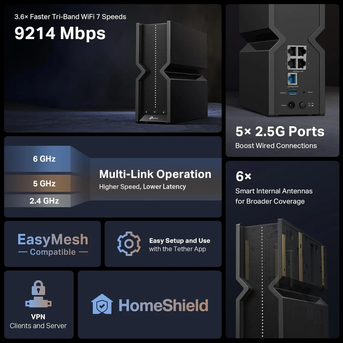 راوتر TP-LINK Archer BE550 BE9300 ثلاثي النطاق Wi‑Fi 7 مع منافذ 2.5G كاملة وUSB 3.0 - Thumbnail 4