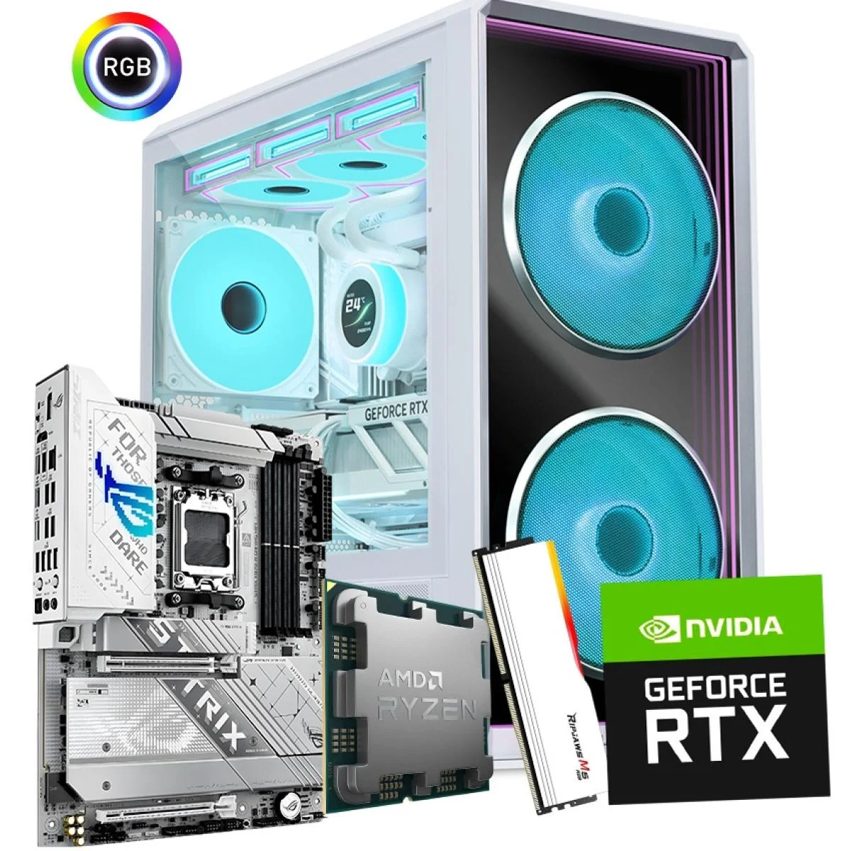 كمبيوتر ألعاب AMD Ryzen 9 9950X3D2 أبيض فائق الأداء مع RTX 5080 16GB وذاكرة DDR5 32GB