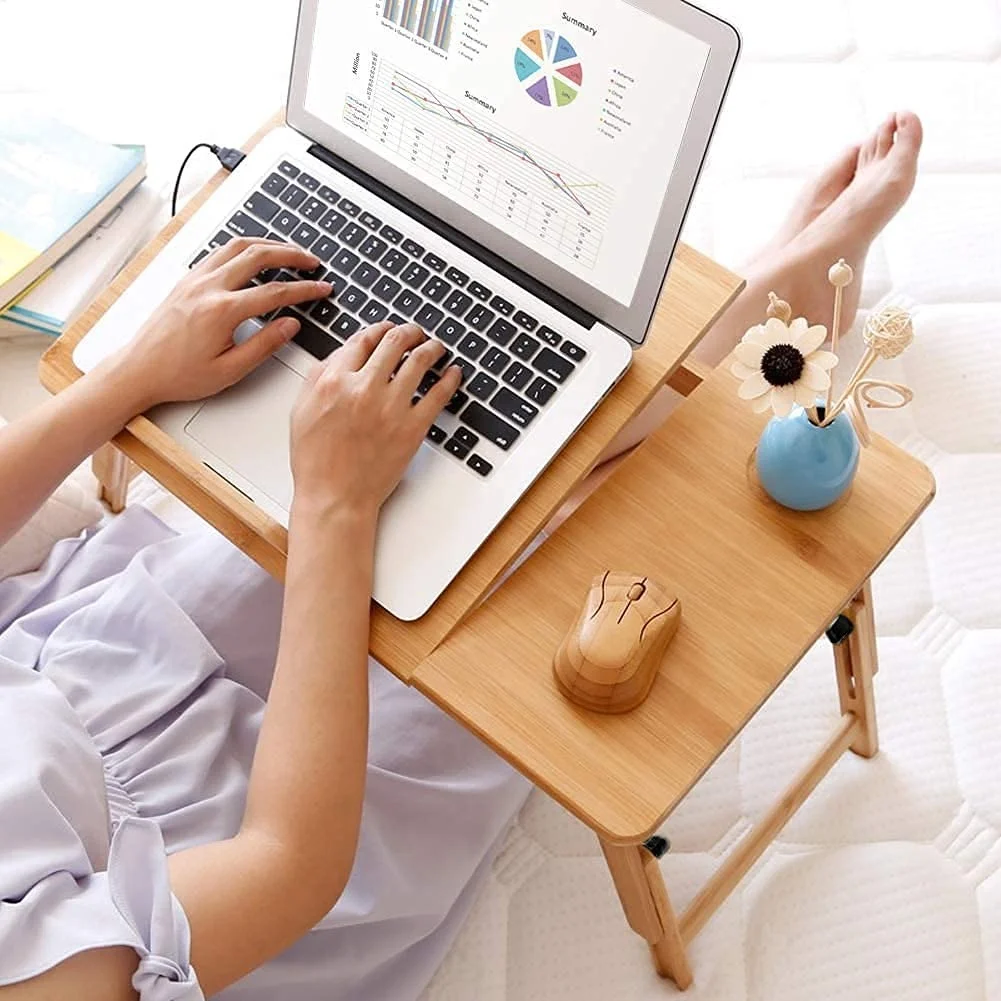 Bamboo Wooden Laptop Table with Drawer and Two Cooling Fans - Image 5