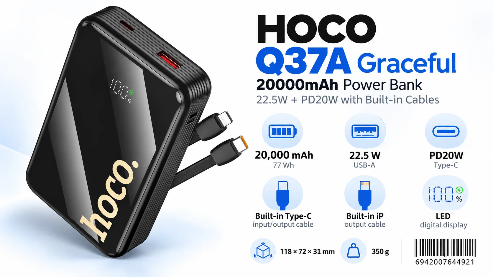 باور بانك HOCO Q37A Graceful سعة 20000mAh وشحن 22.5W + PD20W مع كيابل مدمجة، أسود - Thumbnail 10