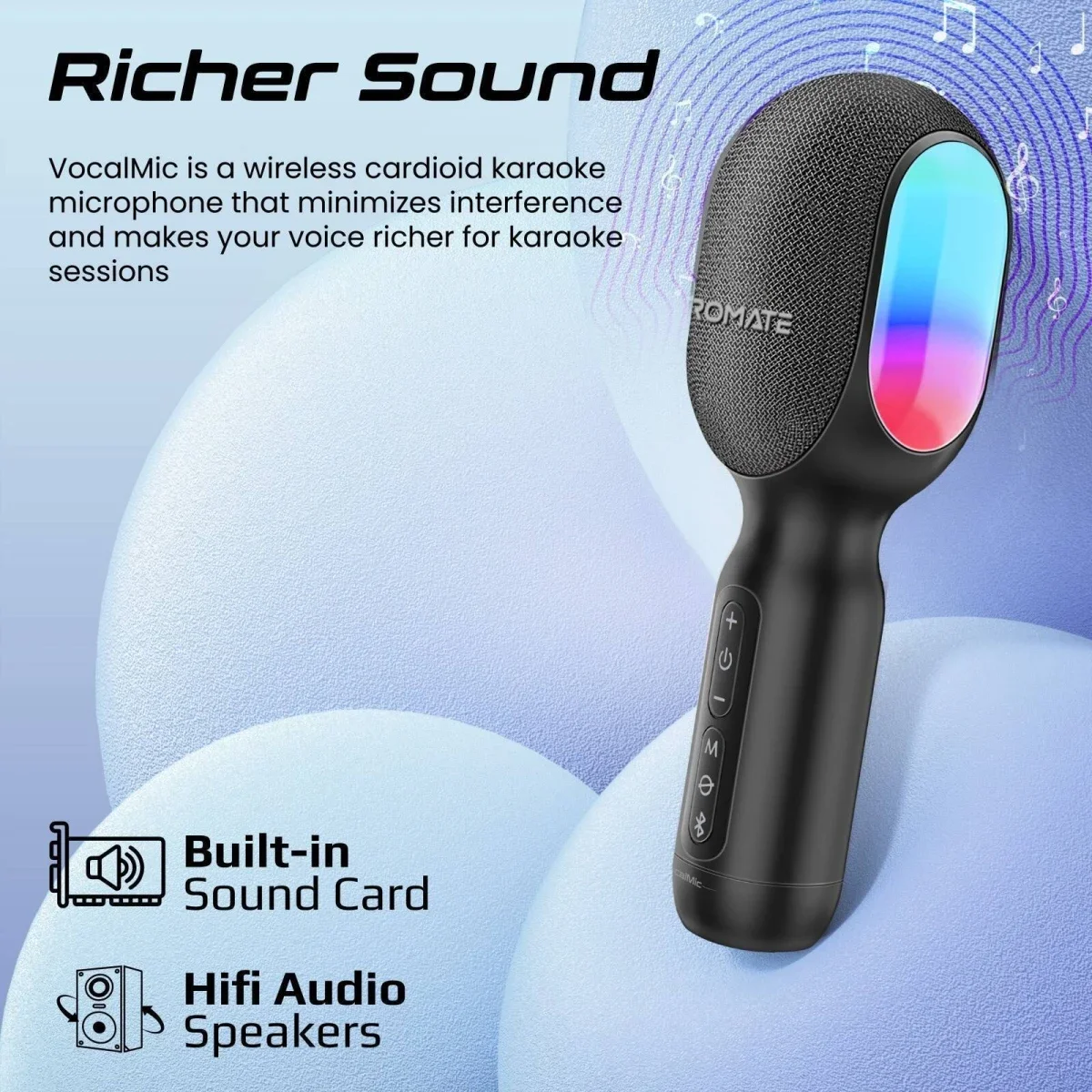 Promate VocalMic 5-in-1 Bluetooth Karaoke Microphone & Speaker with RGB Lights - Black - Thumbnail 7