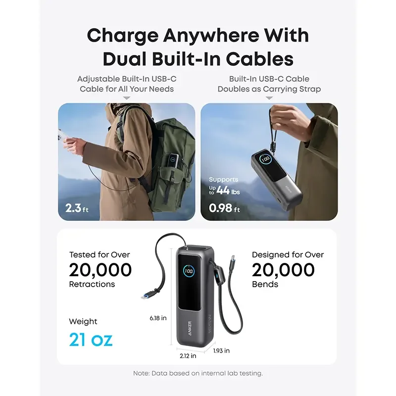 باور بانك للابتوب Anker A1695H41 سعة 25K وقدرة 165 واط بكابلات USB-C مدمجة وقابلة للسحب – فضي - Thumbnail 3