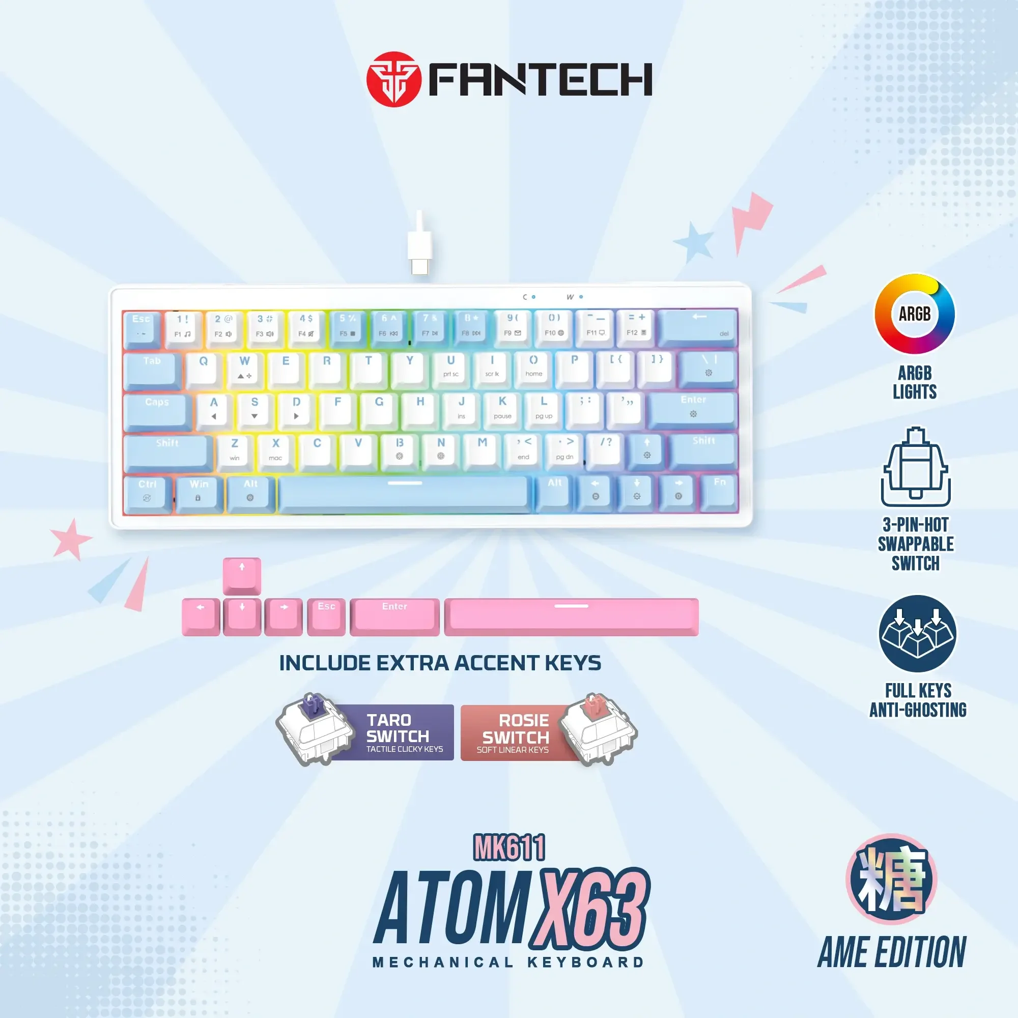 كيبورد ألعاب ميكانيكي سلكي مع 11 تأثيرًا وإضاءة جانبية مميزة Fantech MK611 ATOM X63 AME Edition - Thumbnail 2