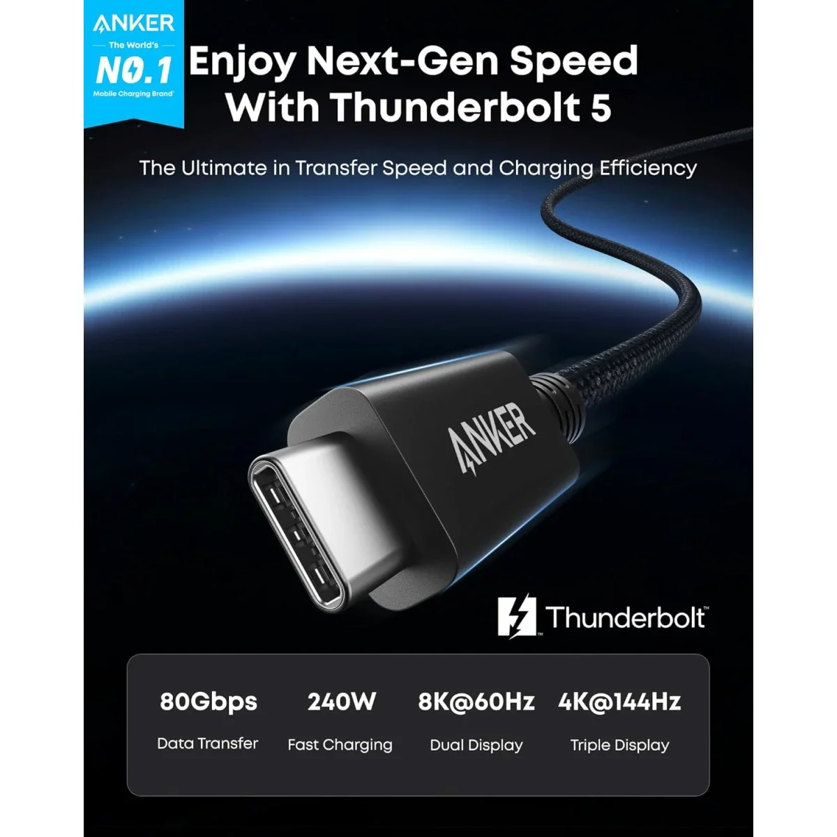 كابل Anker Prime Thunderbolt 5 USB-C إلى USB-C بطول 1 متر 240W 80Gbps أسود - Thumbnail 5