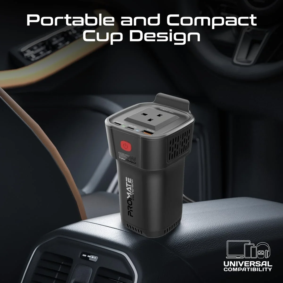 Promate Inverto-150W 4-in-1 Car Power Inverter with 150W AC Socket, Dual PD 30W USB-C & QC 18W USB-A - Black - Image 4