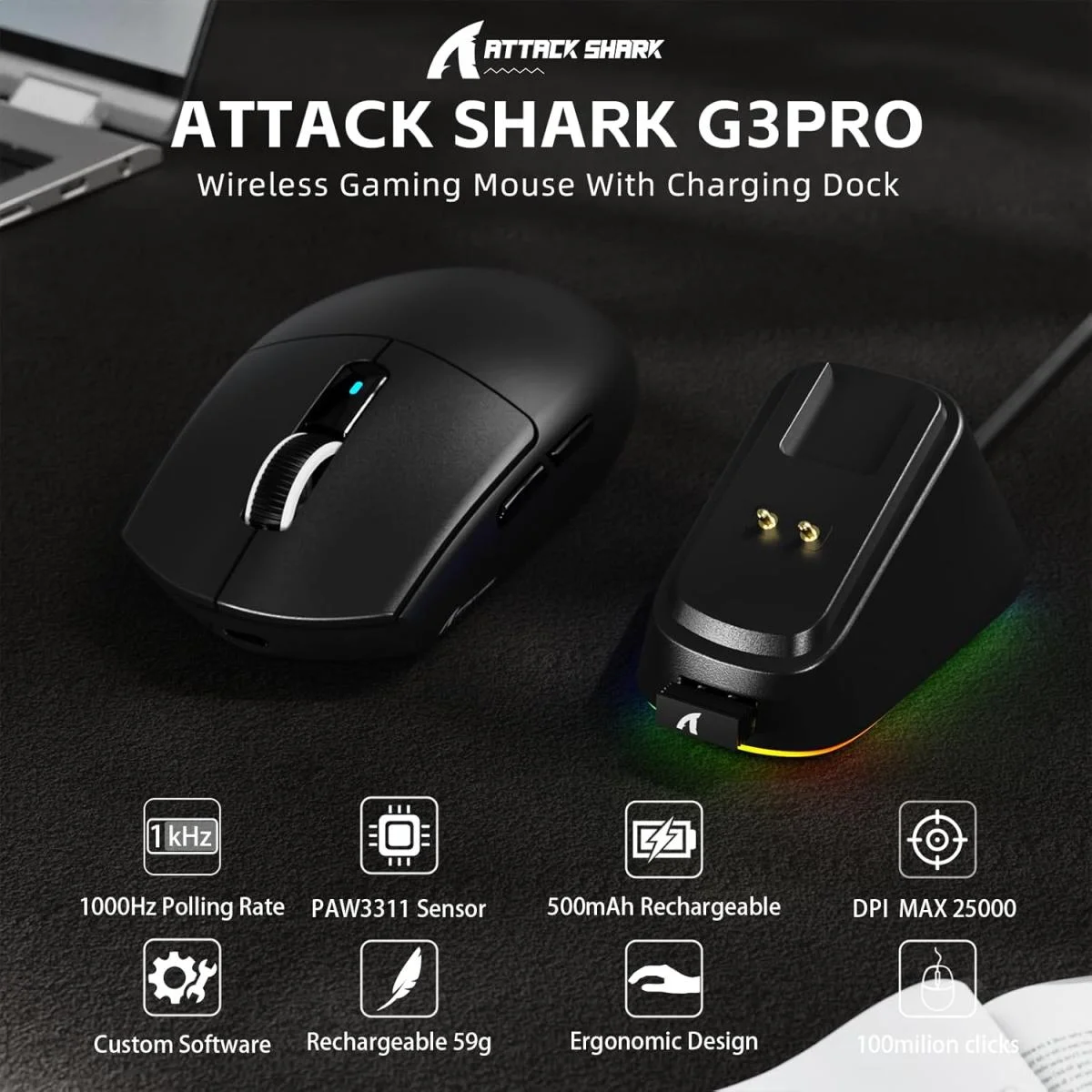 ماوس ألعاب لاسلكي ATTACK SHARK G3PRO مع قاعدة شحن RGB ودقة 25K DPI، أسود - Image 3