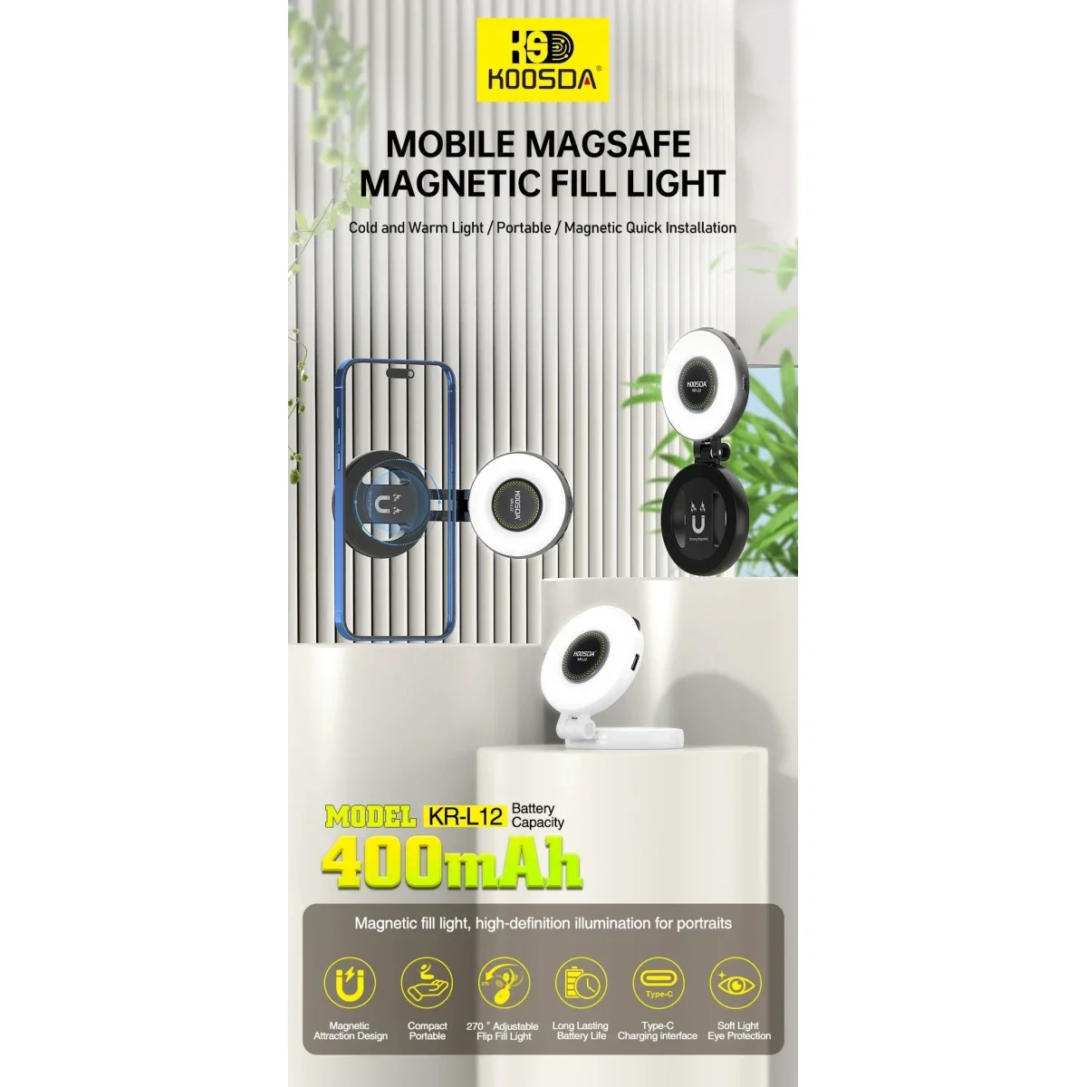 KOOSDA KR-L12 Magnetic Selfie Light with Adjustable Brightness