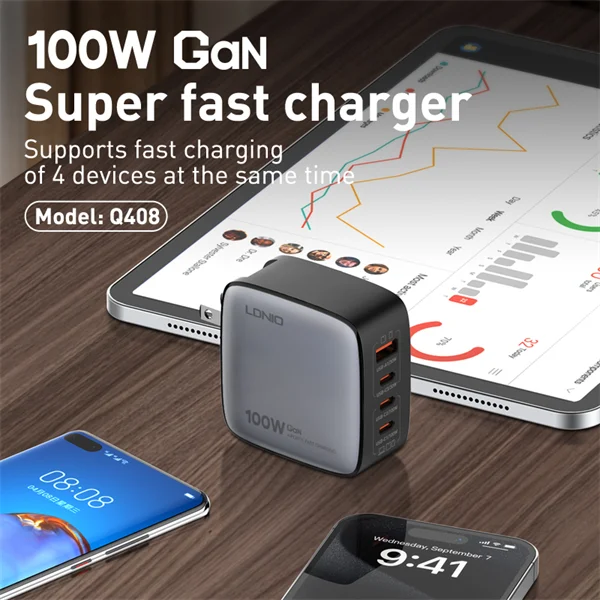 LDNIO Q408 100W GaN Wall Charger, 3 USB-C + 1 USB-A, Lightning Cable, Black