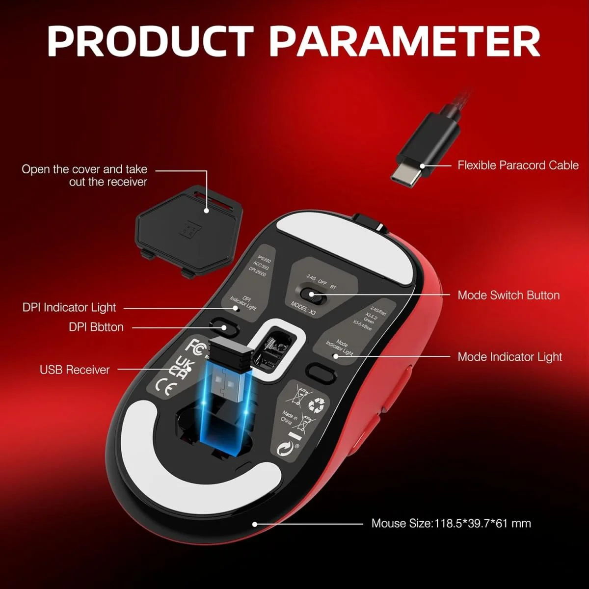 ATTACK SHARK X3 Wireless Gaming Mouse with PAW3395 Sensor, 26K DPI, Red - Thumbnail 4