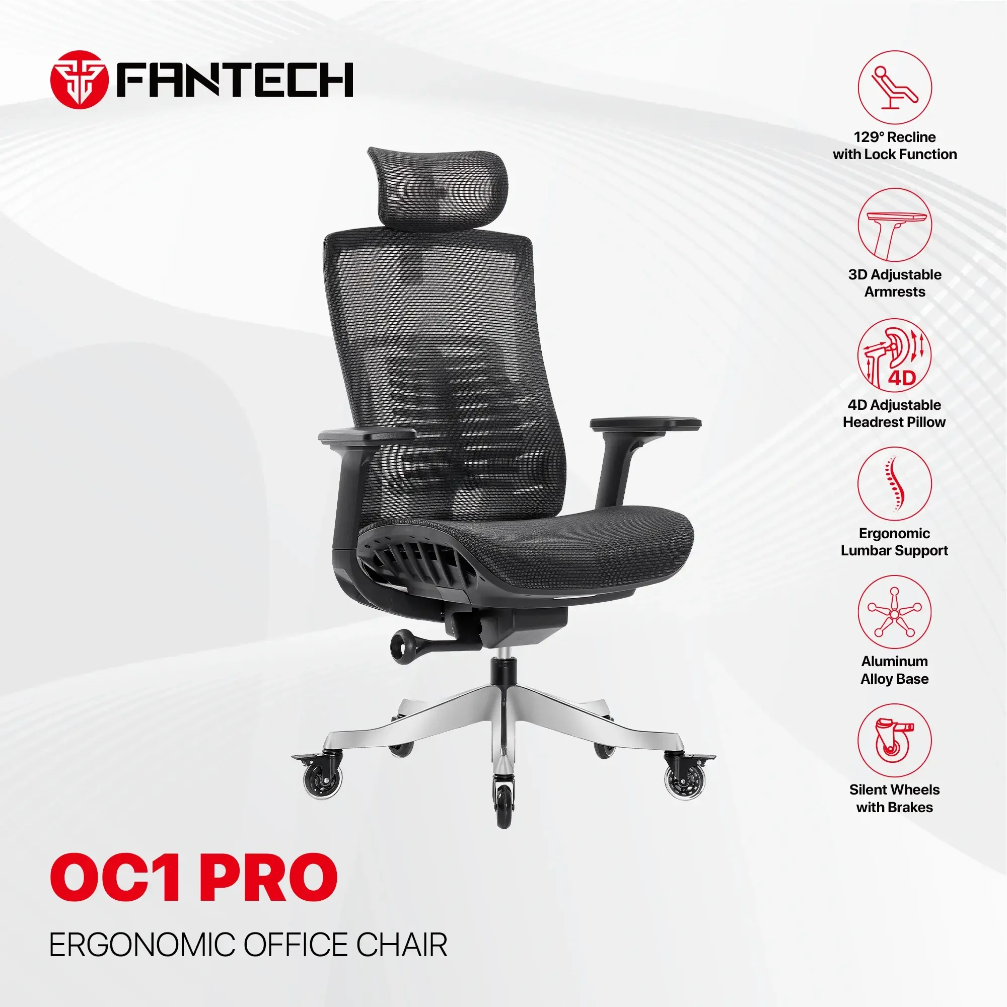 كرسي مكتب مريح Fantech OC1 PRO باللون الأسود - Thumbnail 3