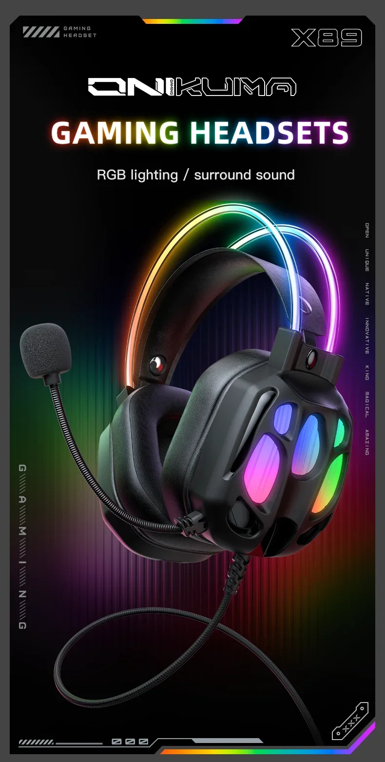 ONIKUMA X89 Gaming Headset with 3.5mm Jack, Surround Sound and RGB Lighting - Black - Thumbnail 9