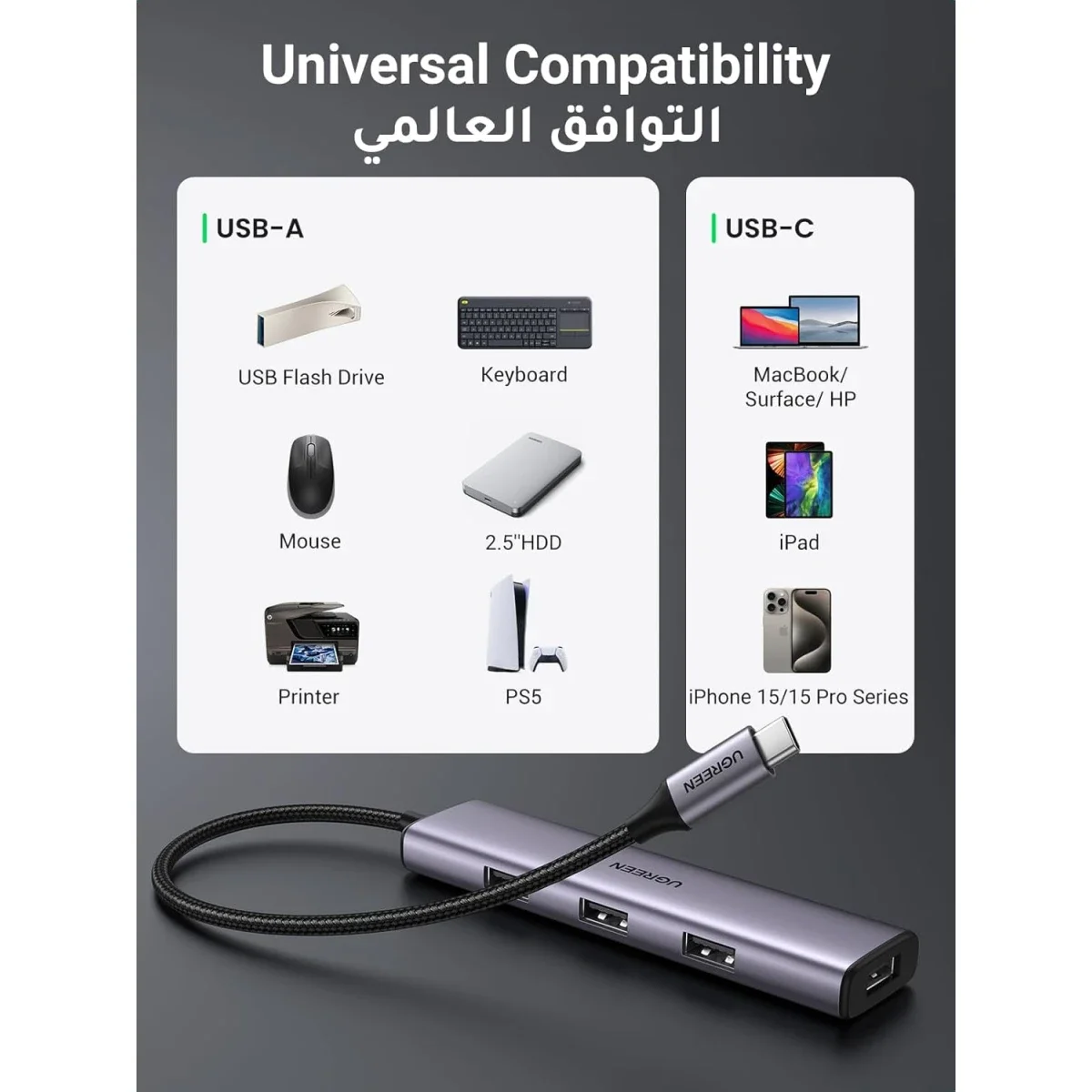 موزع USB-C من Ugreen 4 في 1 Type-C إلى 4 منافذ USB 3.0 بسرعة 5Gbps - Image 5