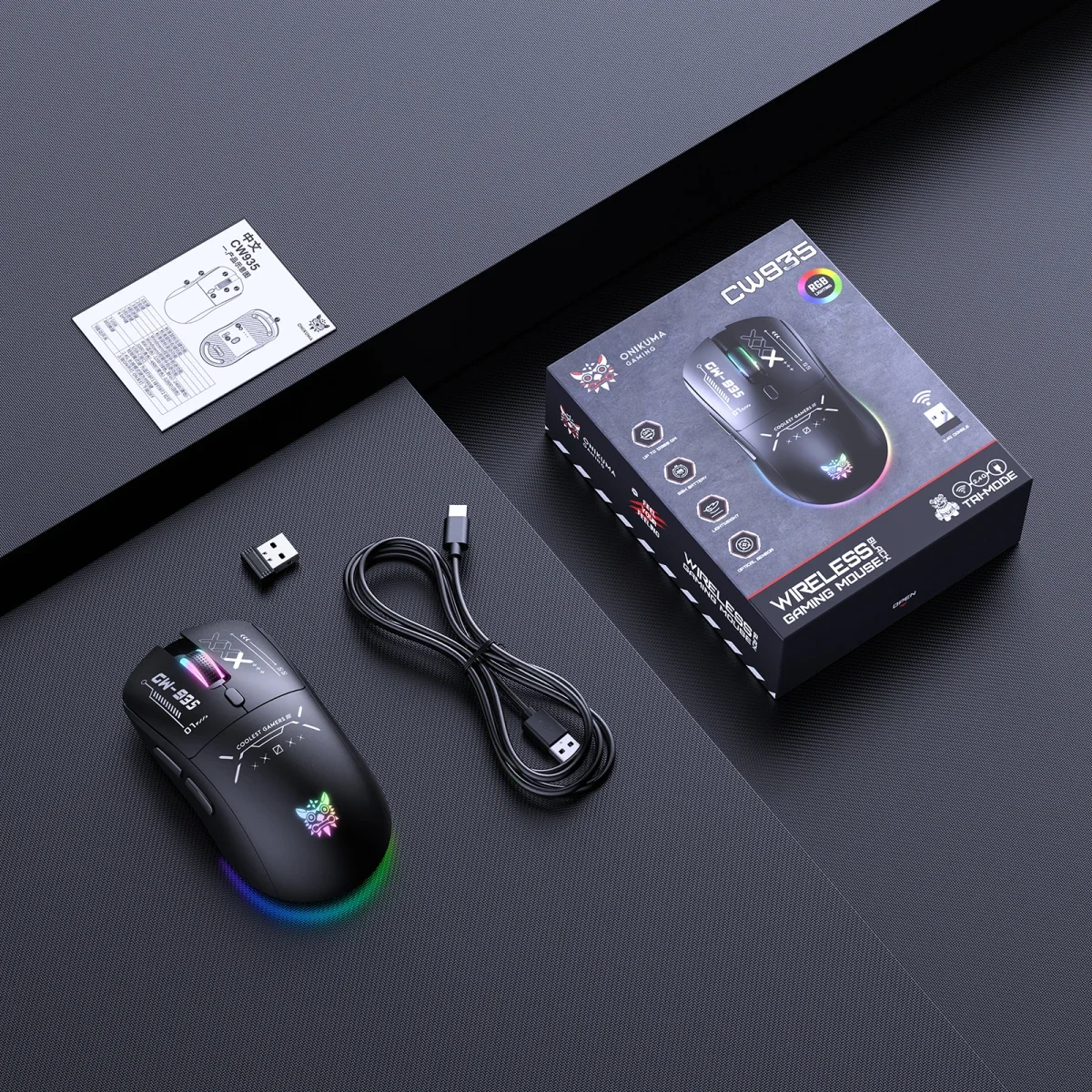 ONIKUMA CW935 Tri-Mode Wireless Gaming Mouse, 4K Hz Polling Rate, Black - Image 8