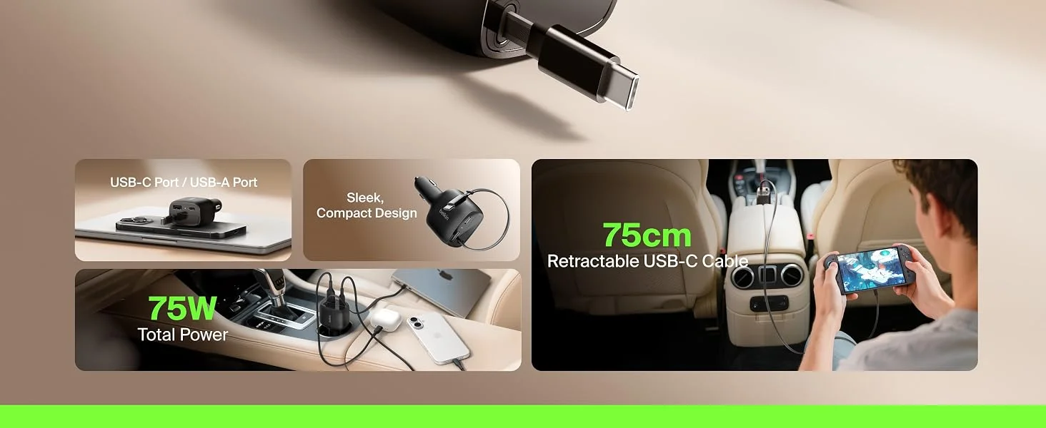 Belkin 75W USB-C Car Charger with 30in Retractable USB-C Cable - Black - Thumbnail 10