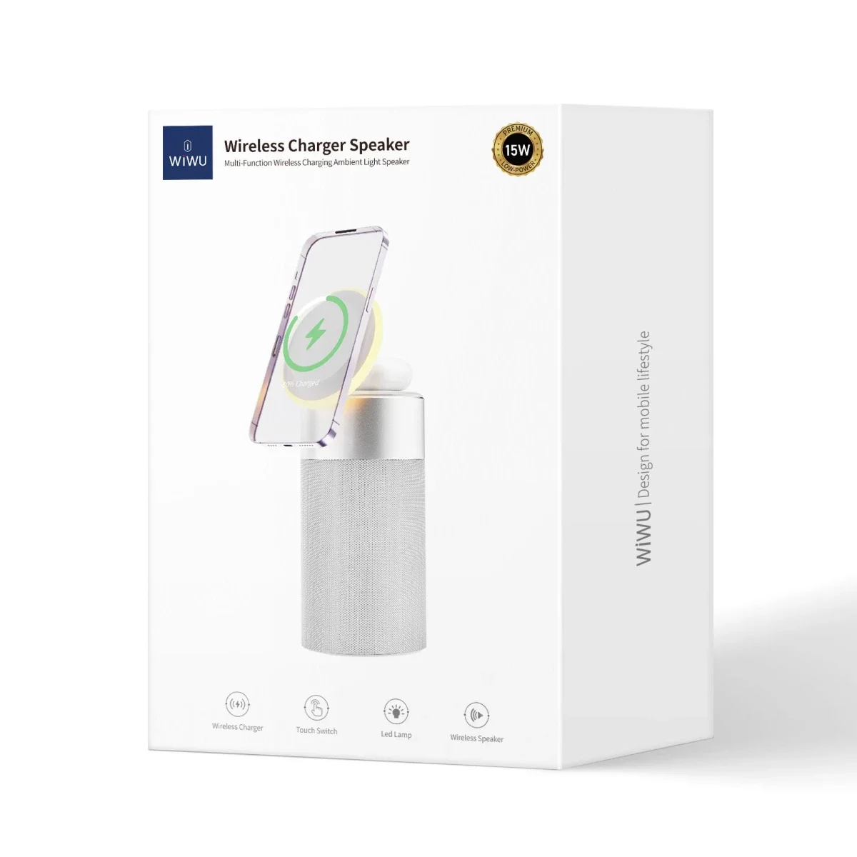 WIWU WI-W022 3-in-1 Wireless Charger with Bluetooth Speaker, Ambient Light, 15W - White - Image 6