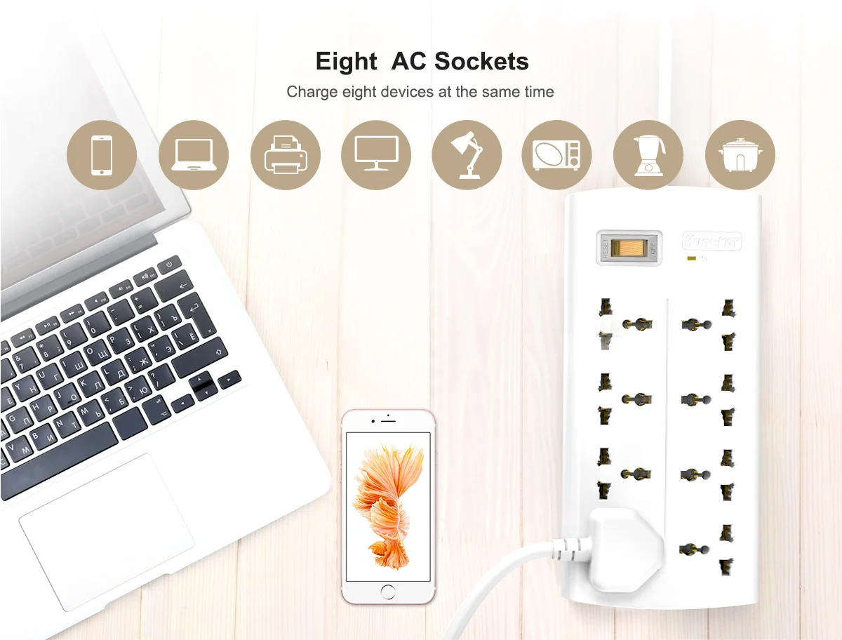 Huntkey PZA801 Universal Power Strip, 8 Outlets, 3m, White - Thumbnail 3