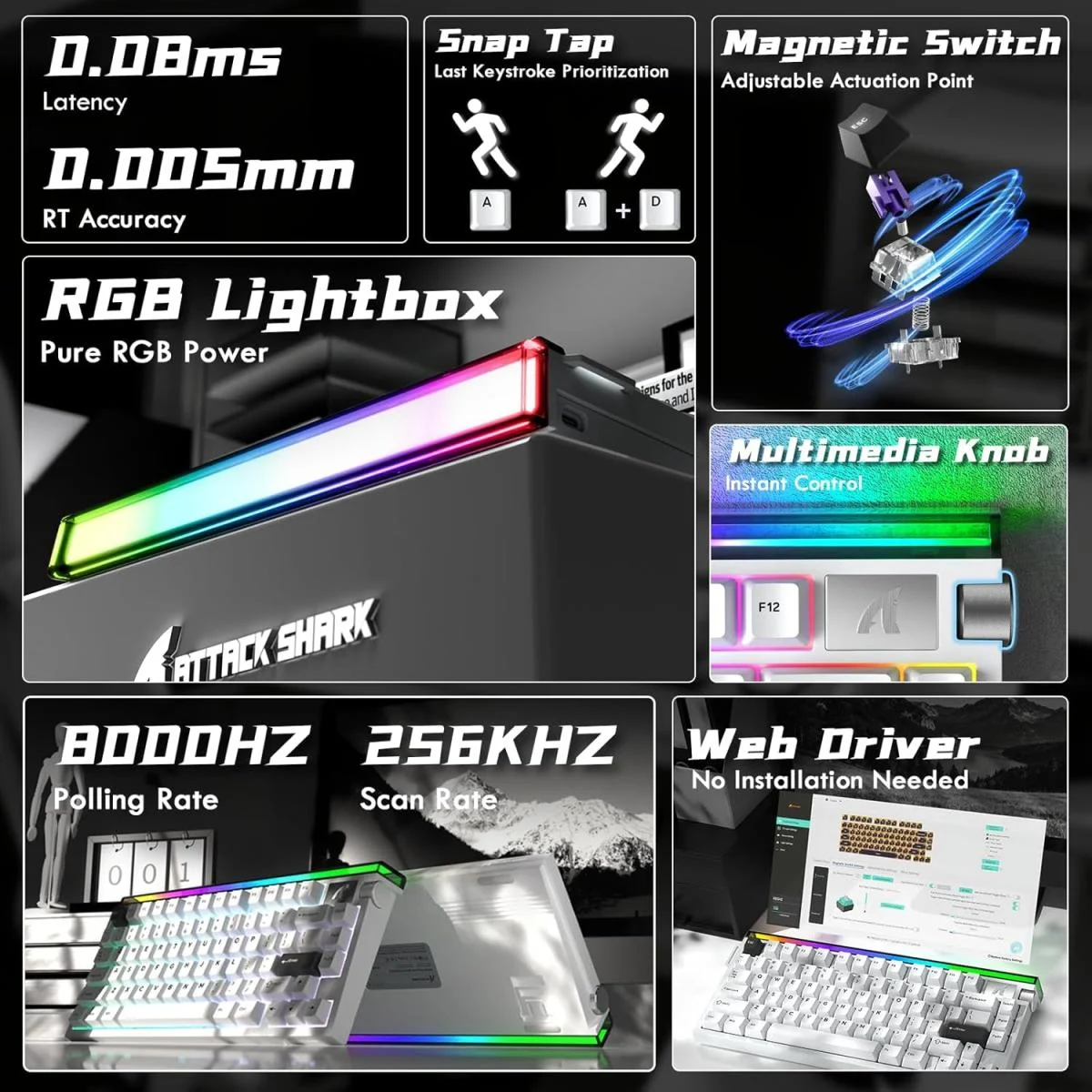 كيبورد ألعاب ATTACK SHARK R85 HE سلكي 75% بمفاتيح Hall Effect وإضاءة RGB، 8K، أبيض Star White - Image 3