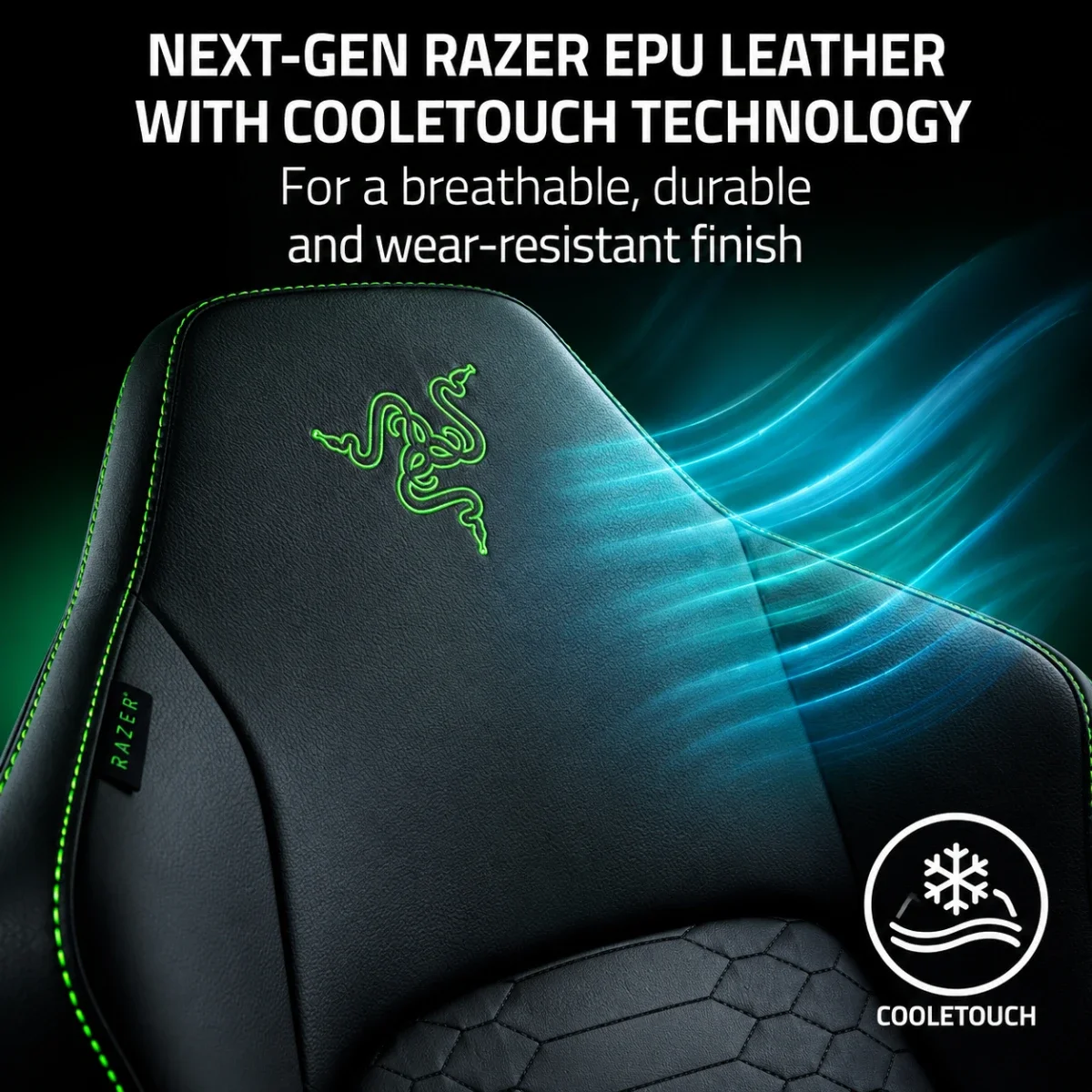 كرسي ألعاب Razer Iskur V2 NewGen (2025) بدعم قطني HyperFlex وجلد Gen-2 EPU مع CoolTouch وفوم معالج على البارد ومساند ذراع 4D، أسود/أخضر - Image 3