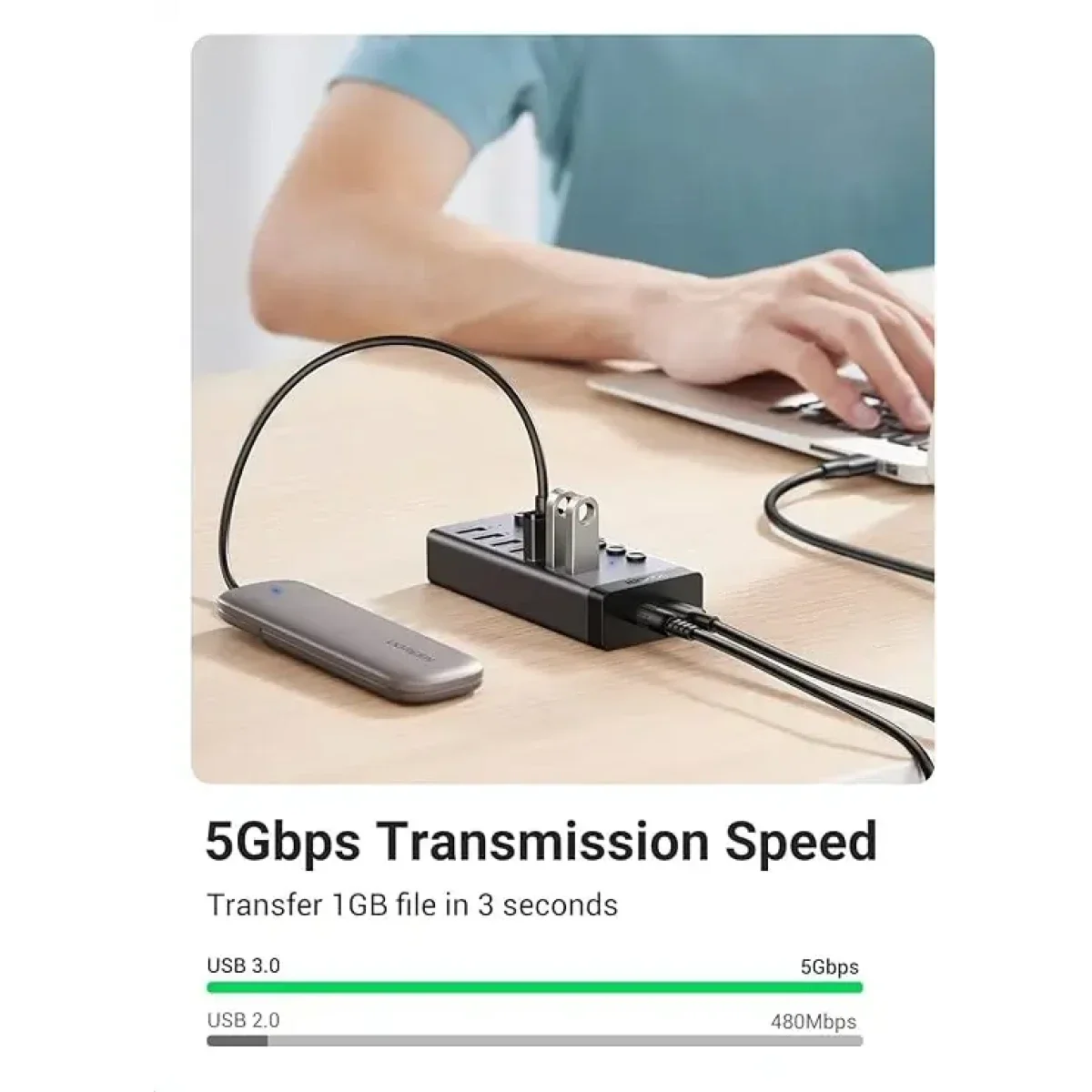 موزع Ugreen USB 3.0 مزود بالطاقة 7 منافذ مع 4 منافذ شحن ذكية ومفاتيح فردية - Thumbnail 3