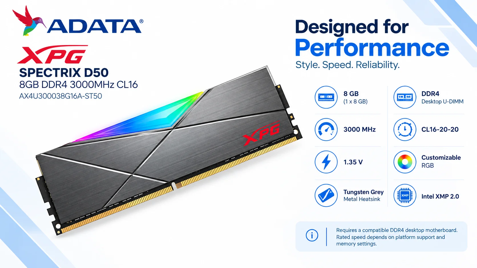 ADATA XPG SPECTRIX D50 8GB DDR4 3000MHz CL16 RGB Desktop RAM – Tungsten Grey - Image 4