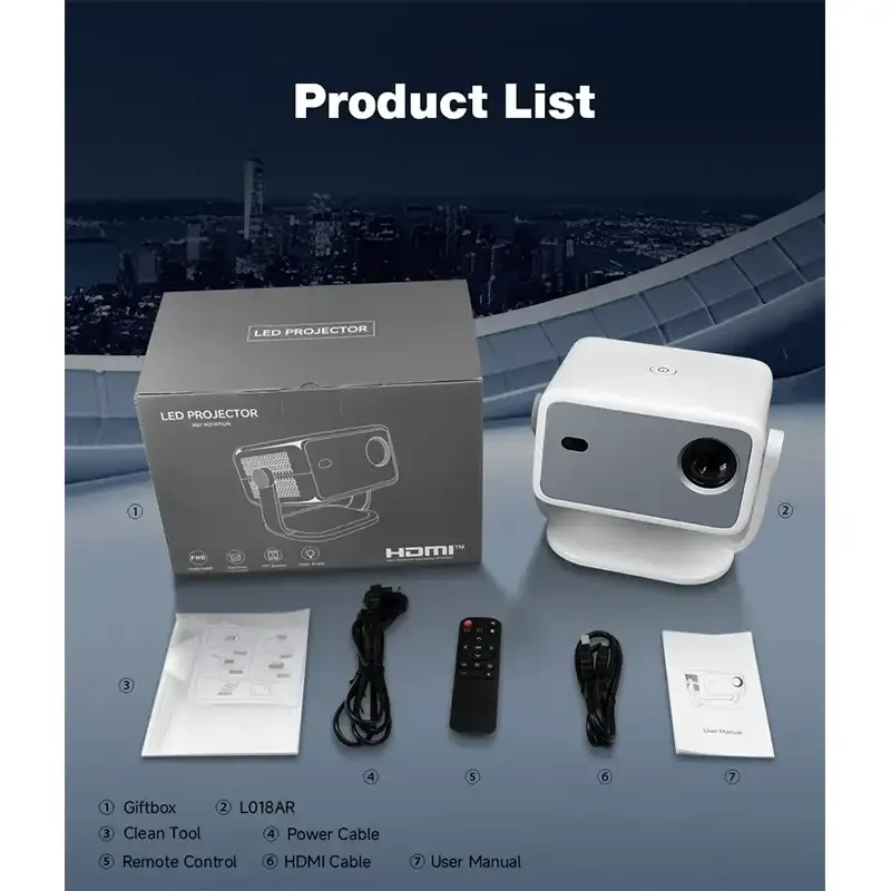 بروجكتر No-Brand L018 (L018AR) بتقنية LCD، دقة 1080p، سطوع 380 ANSI لومن، واي فاي وبلوتوث وبث شاشة، مدخل HDMI ومخرج صوت، تخزين 8GB ورام 1GB، Android 14 - Thumbnail 6