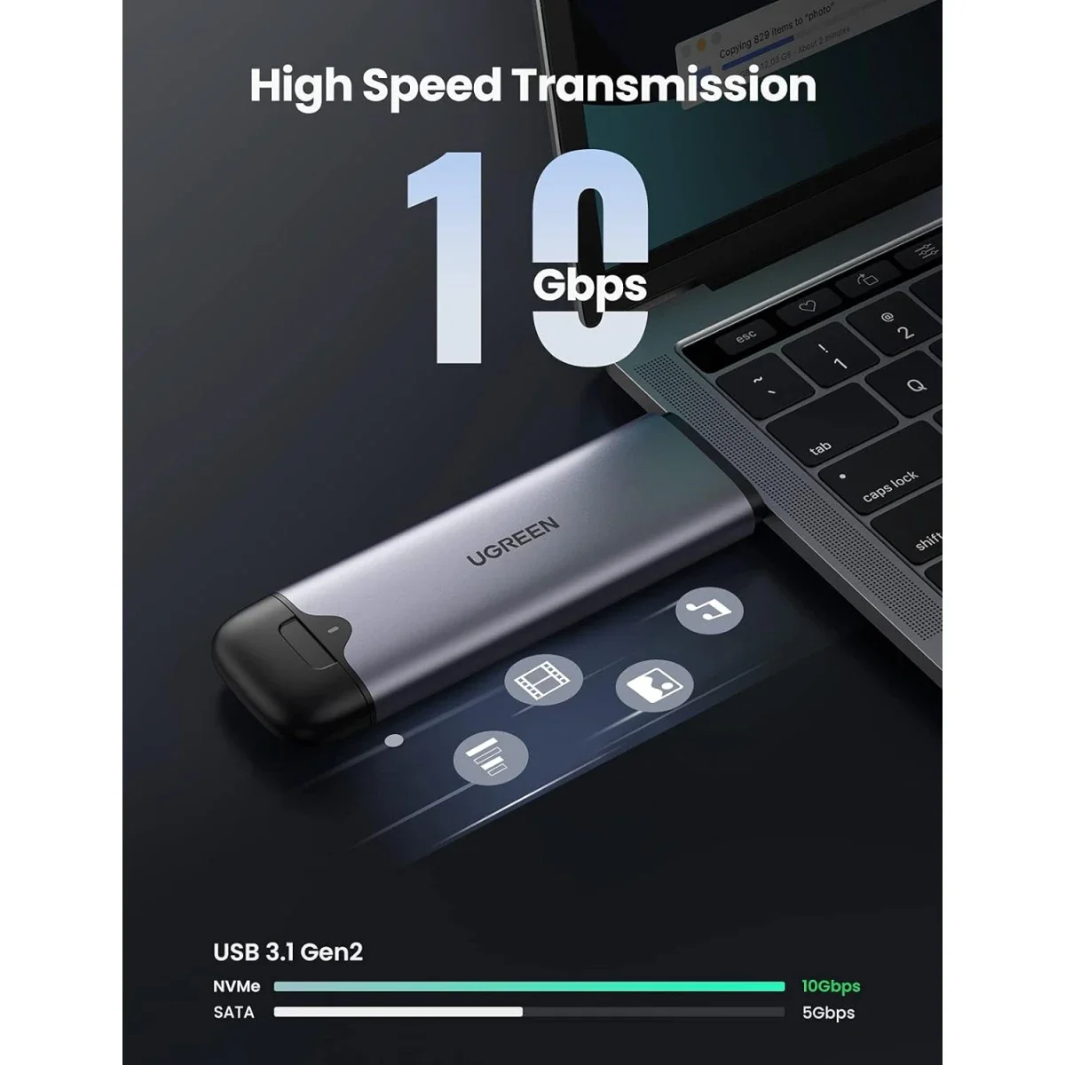 Ugreen M.2 NVMe SSD Enclosure with USB-C and USB-A, 10Gbps - Thumbnail 2