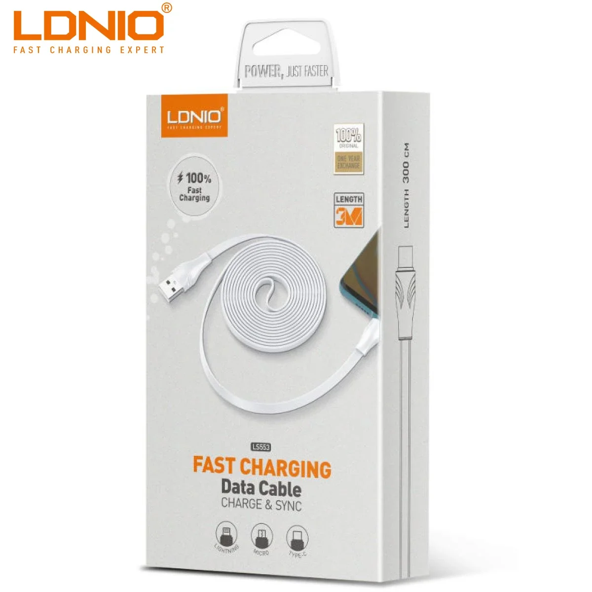 كابل بيانات USB LDNIO LS553 لأجهزة iPhone بطول 300 سم