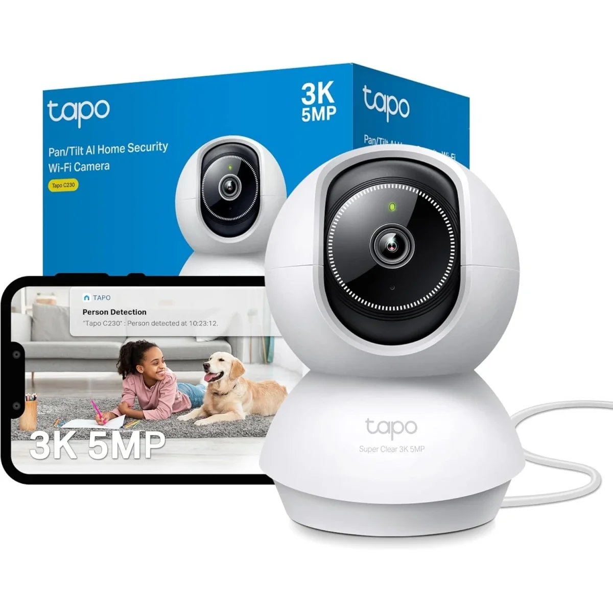 TP-LINK Tapo C230 3K 5MP Indoor Smart Security Camera with Pan/Tilt, Night Vision & Two-Way Audio