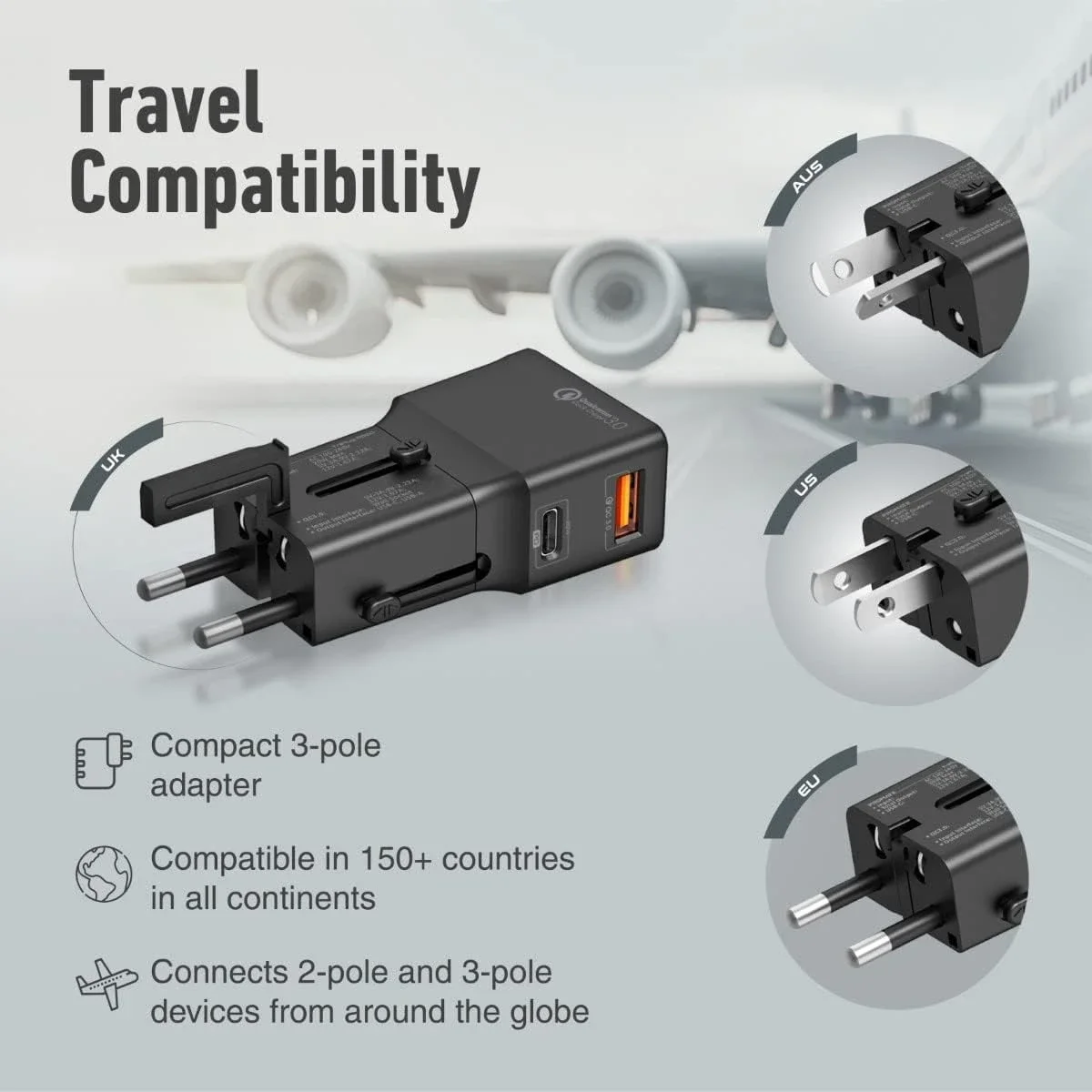 محول سفر عالمي Promate TriPlug-PD20 بقدرة 20 واط مع QC 3.0 ومقبس US/UK/EU/AU - أسود - Image 2