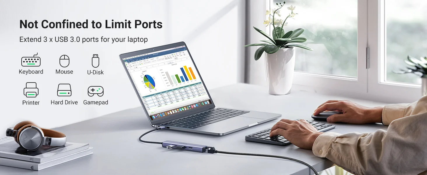 محول Ugreen USB-C إلى إيثرنت 4 في 1 متعدد المنافذ مع RJ45 جيجابت - Thumbnail 9