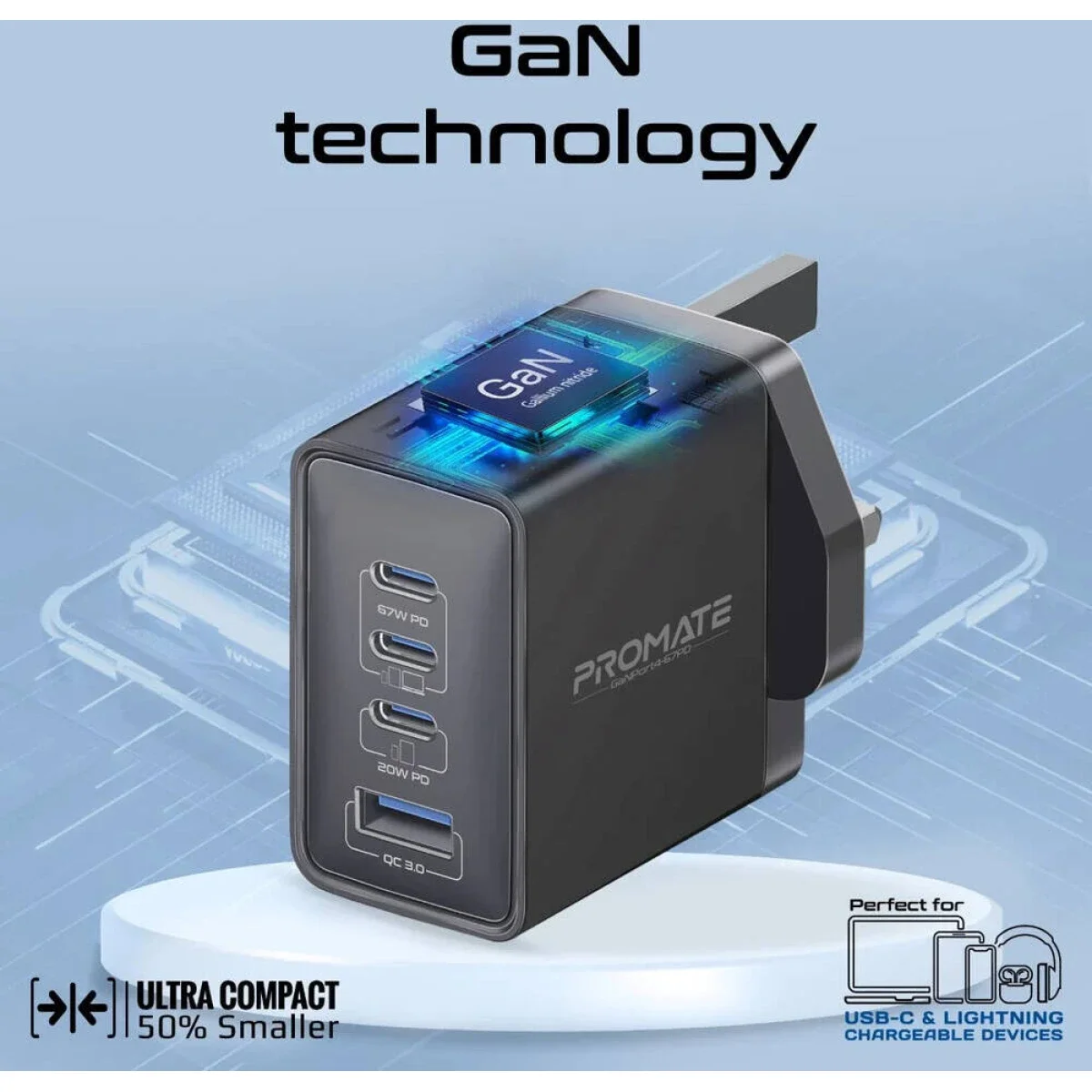 Promate GaNPort4-67PD 67W GaNFast Multi-Port PD Wall Charger, Black - Thumbnail 3