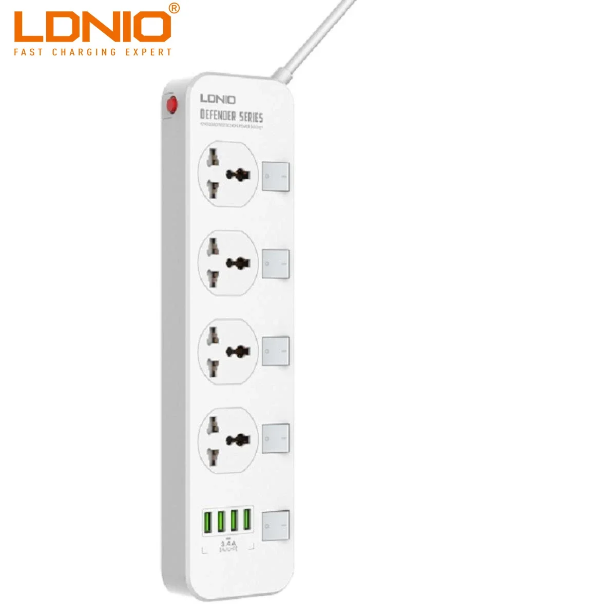 مشترك كهربائي LDNIO SC4408 Defender Series بأربعة مقابس و4 منافذ USB، 2500 واط، 2 متر