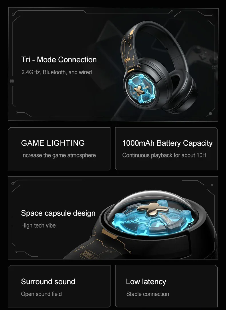 ONIKUMA GT802 Triple-Mode Wireless Gaming Headset with RGB Light, 60-Hour Battery - Black - Image 11