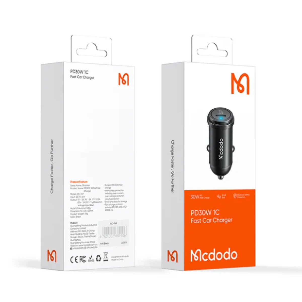 شاحن سيارة Mcdodo CC-7491 بقدرة 30 واط PD مع كابل USB-C إلى USB-C، أسود - Image 4
