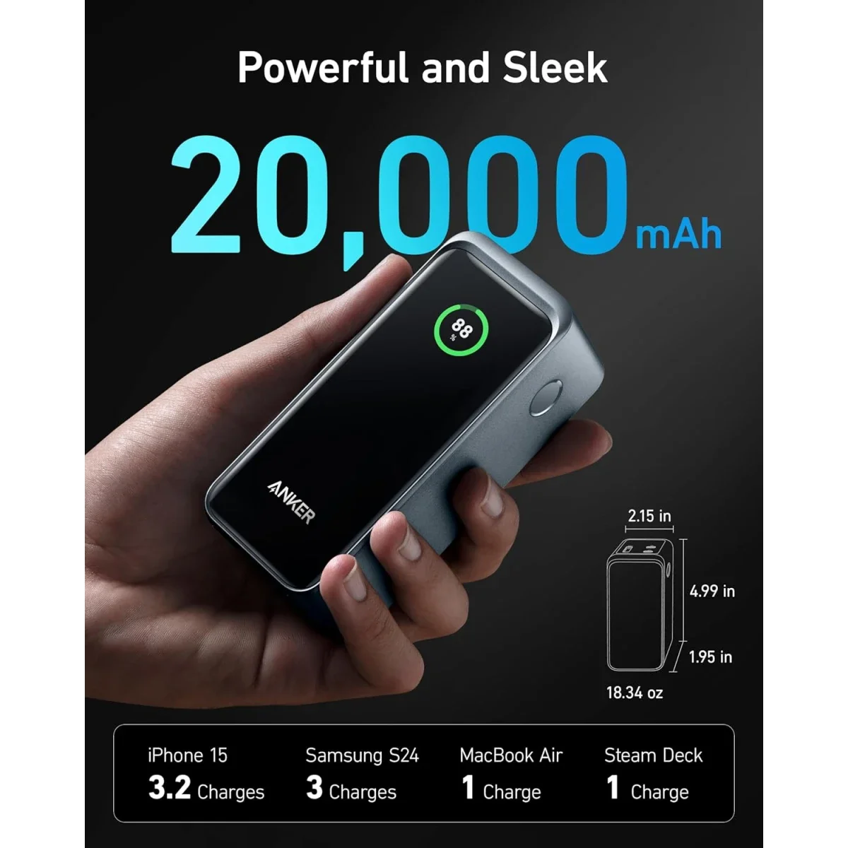 Anker Prime 20,000mAh 200W Portable Power Bank Laptop Charger Black