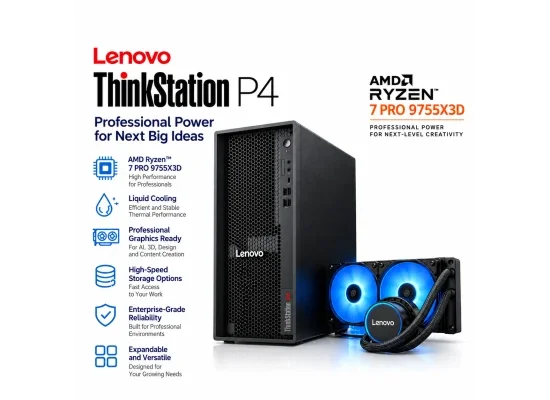 محطة عمل Lenovo ThinkSystem P4 جاهزة للذكاء الاصطناعي، AMD Ryzen 7 PRO 9755X3D حتى 5.2GHz، 8 أنوية، تبريد سائل متقدم، كفالة 3 سنوات - Thumbnail 4